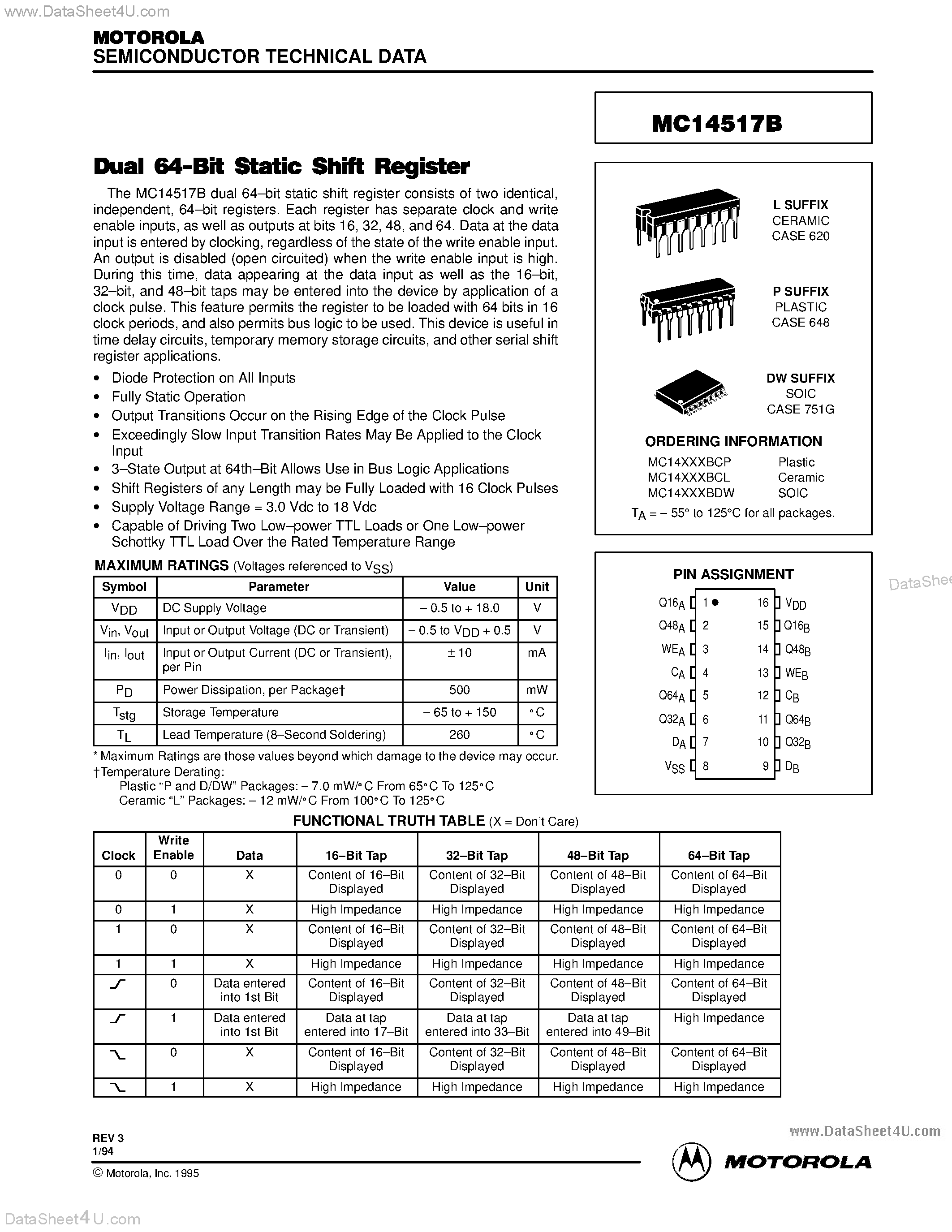 Даташит MC14517B - Dual 64-Bit Static Shift Register страница 1