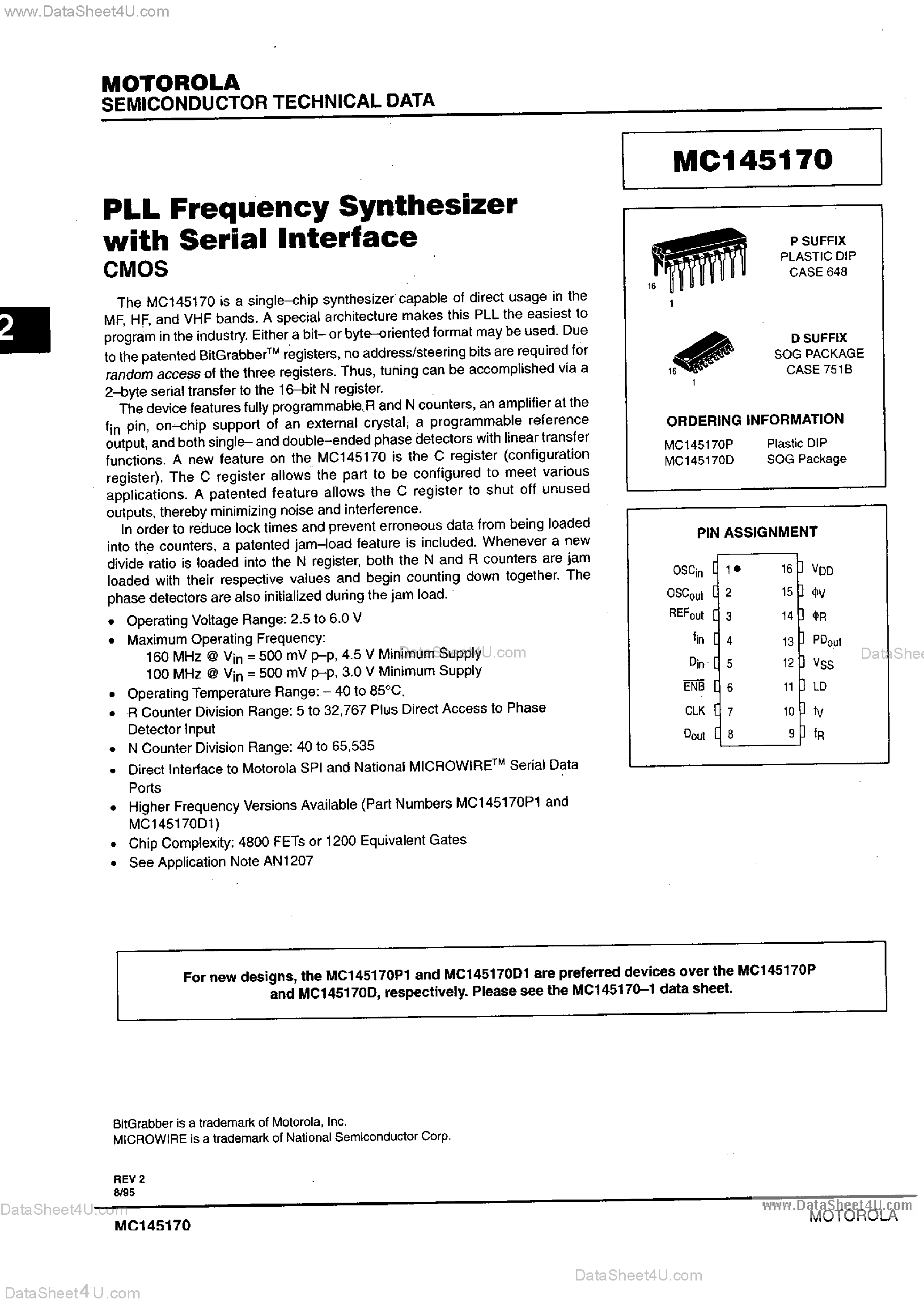 Даташит MC145170 - PLL Frequency Synthesizer with Serial Interface страница 1