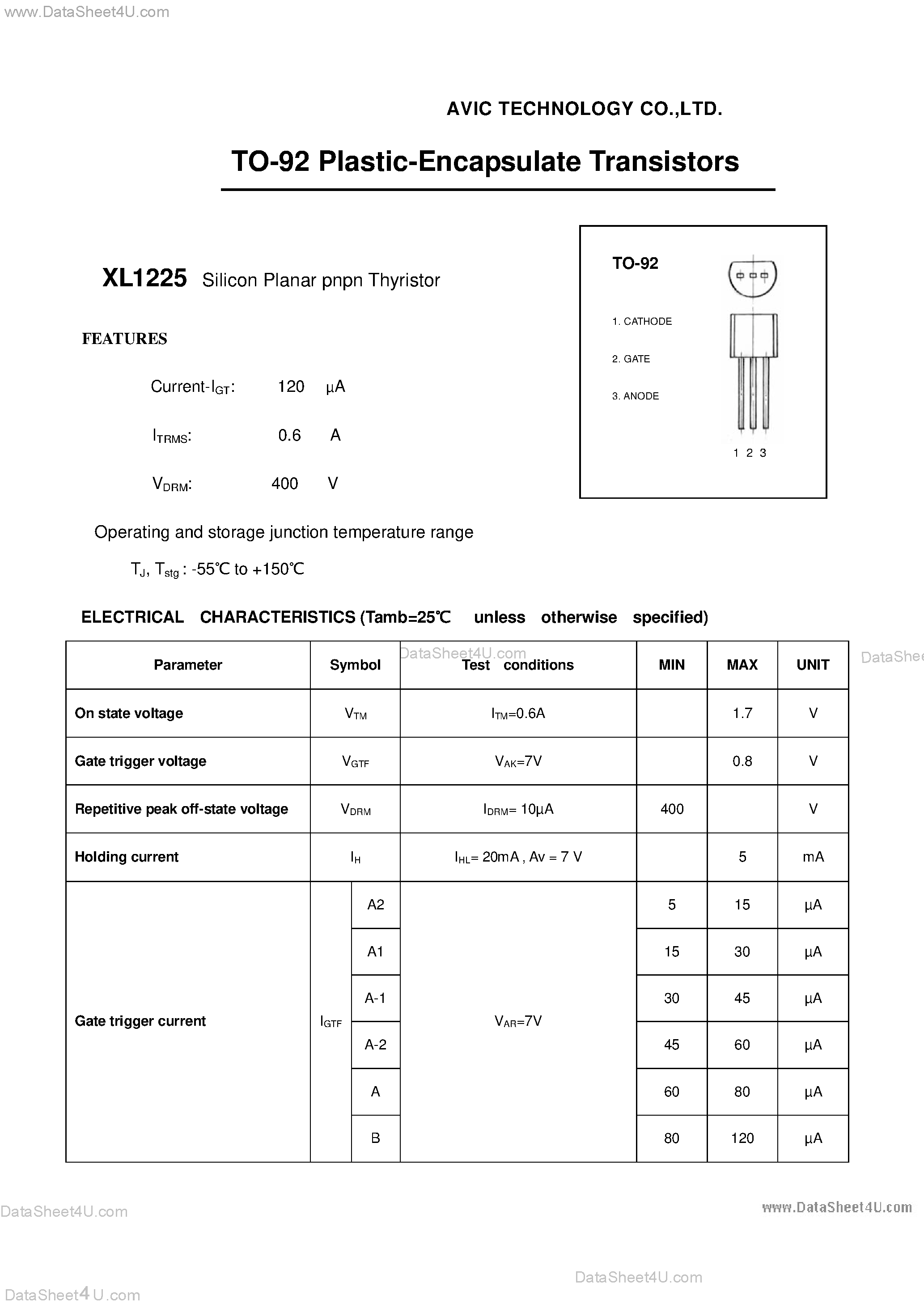 Даташит XL1225 - TO-92 Plastic-Encapsulate Transistors страница 1