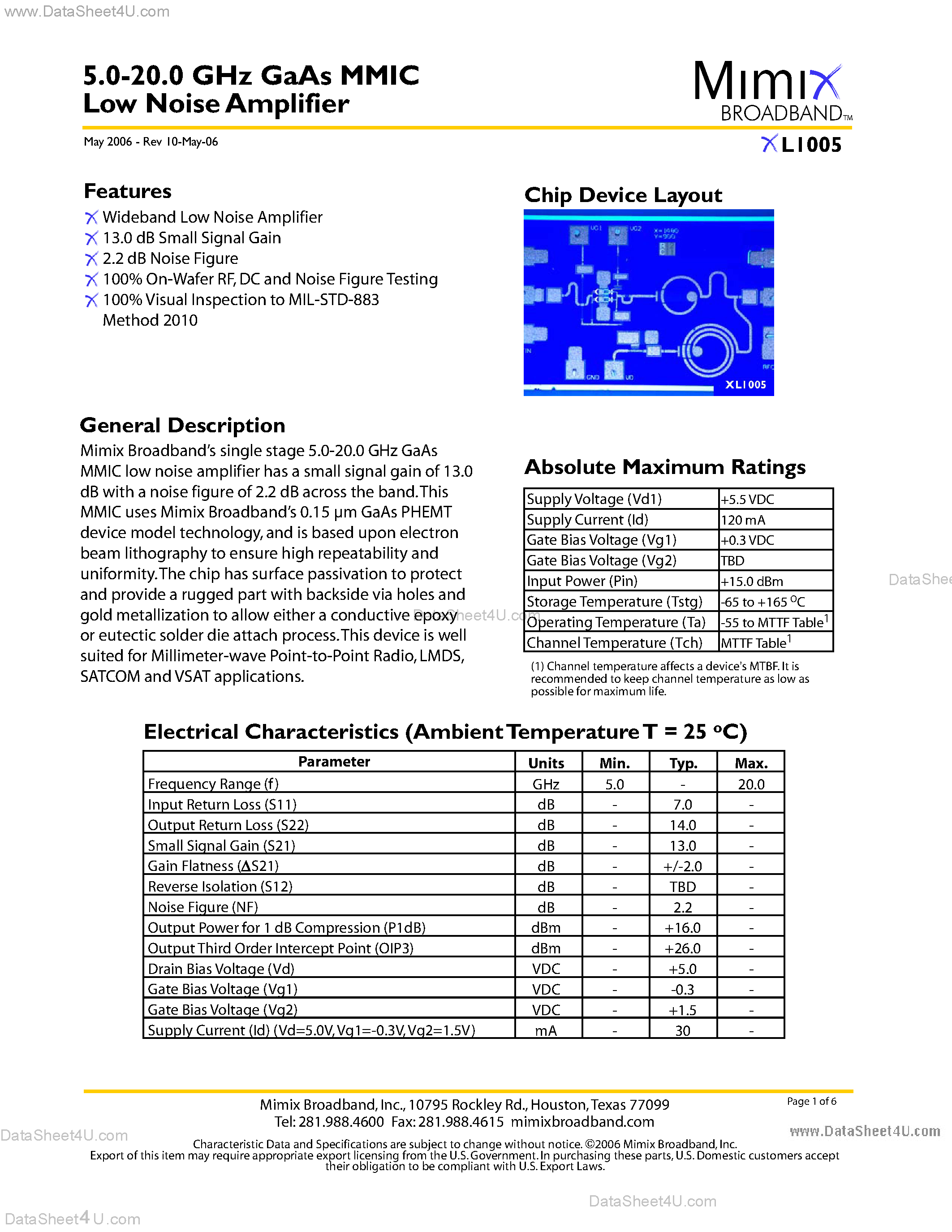 Datasheet XL1005 - 5.0-20.0 GHz GaAs MMIC Low Noise Amplifier page 1