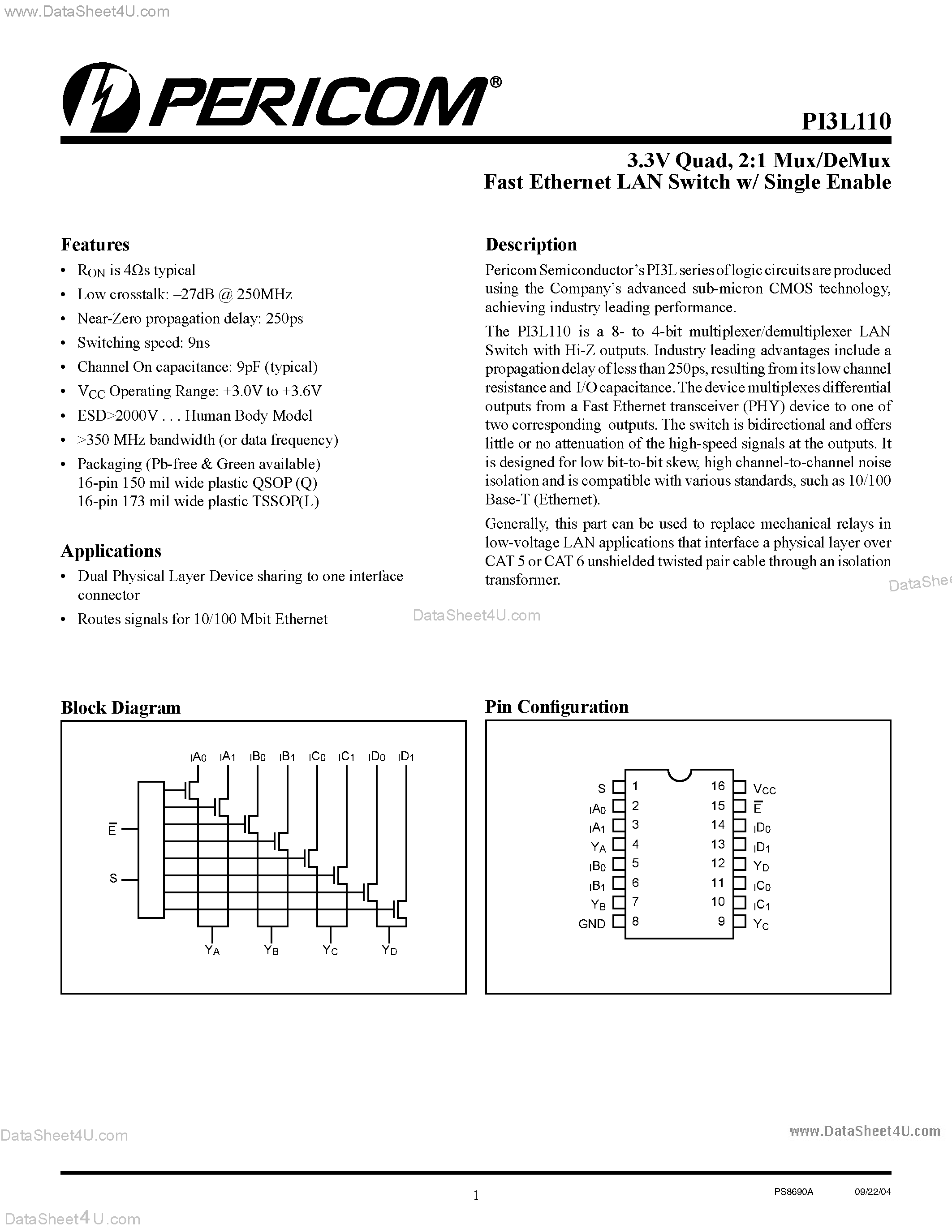 Даташит PI3L110 - 2:1 Mux/DeMux Fast Ethernet LAN Switch w/ Single Enable страница 1