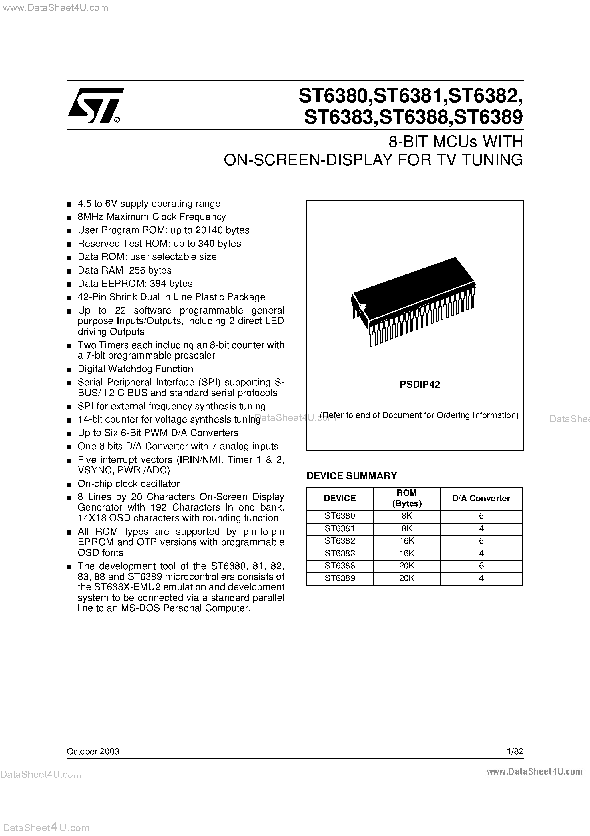 Даташит ST6380 - (ST6380 - ST6389) 8-BIT MCUs WITH ON-SCREEN-DISPLAY FOR TV TUNING страница 1