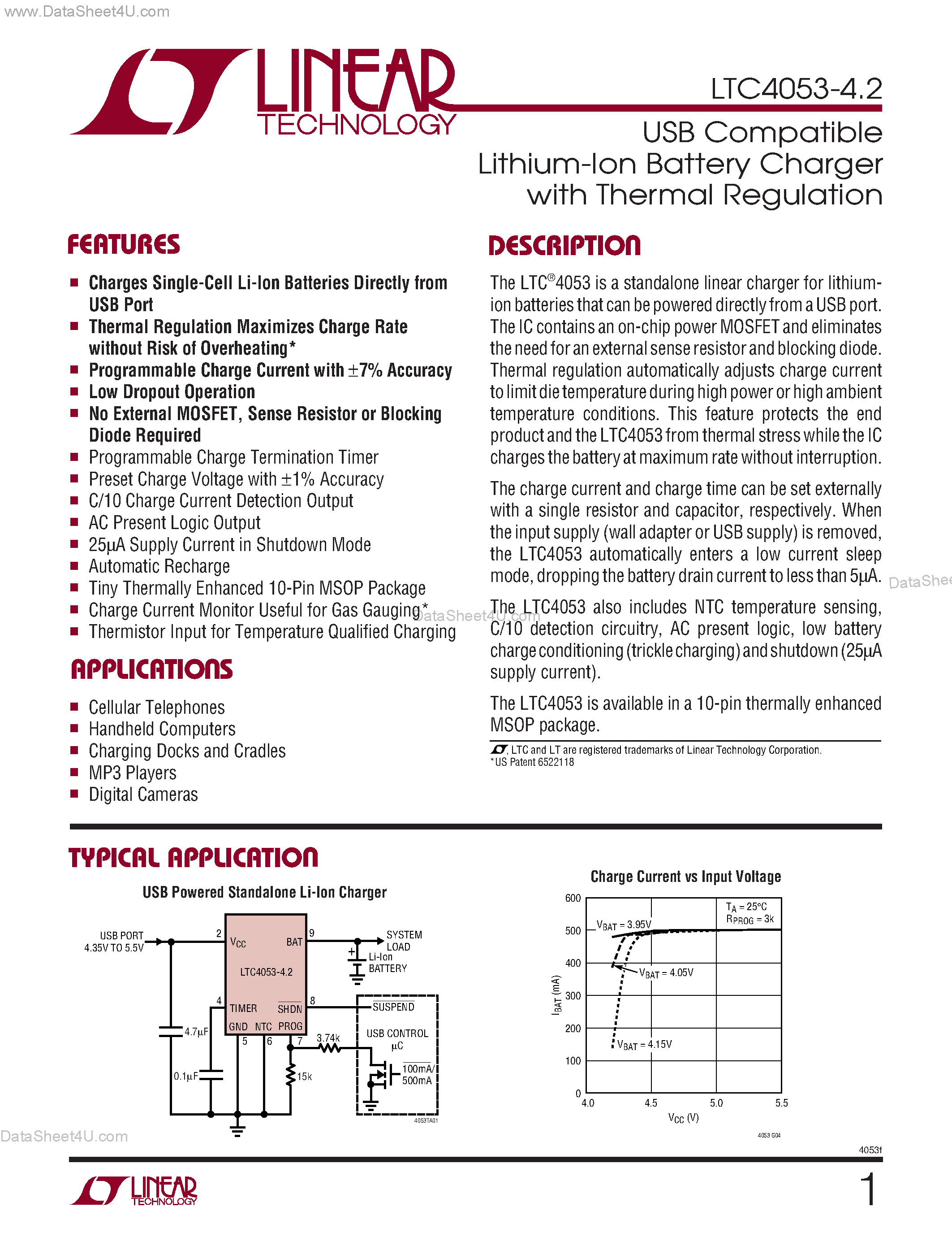 Даташит LTC4053-4.2 - USB Compatible Lithium Ion Battery Charger страница 1