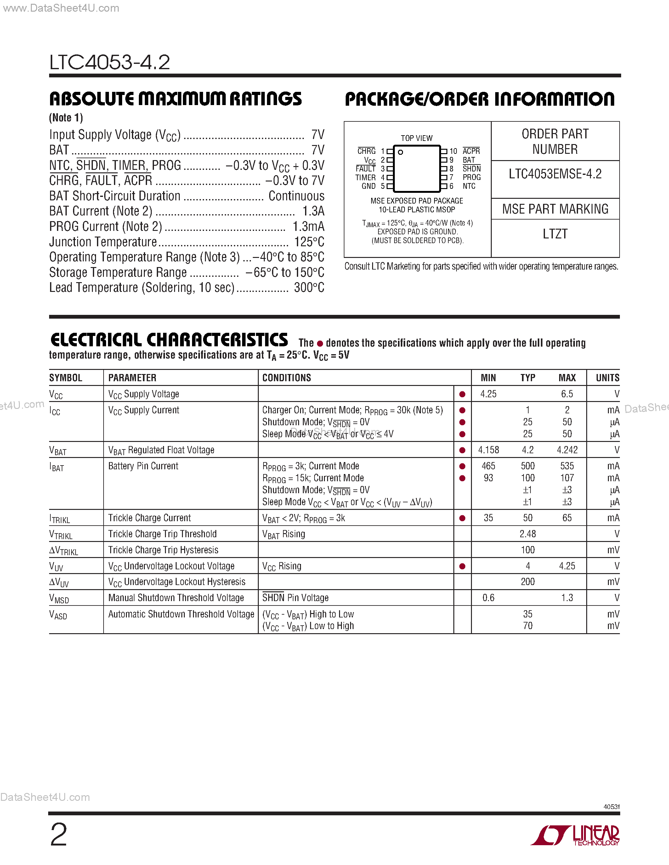 Даташит LTC4053-4.2 - USB Compatible Lithium Ion Battery Charger страница 2