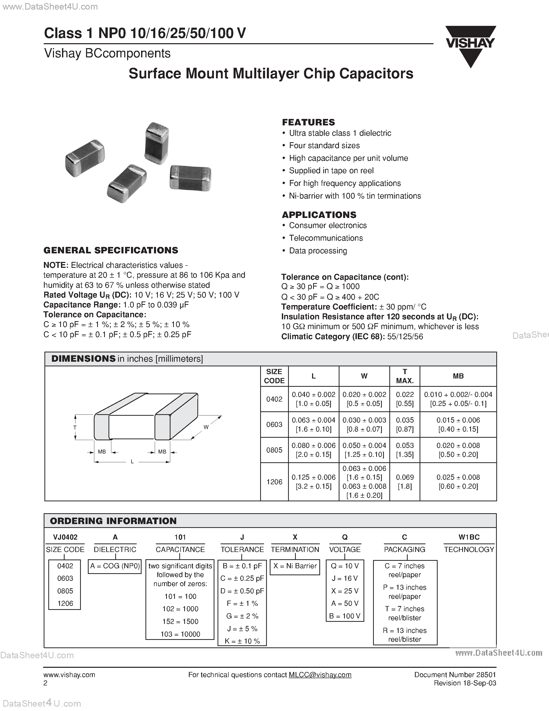 Даташит VJ0402Axxxxxx - (VJ0805Axxxx) Surface Mount Multilayer Chip Capacitors страница 1