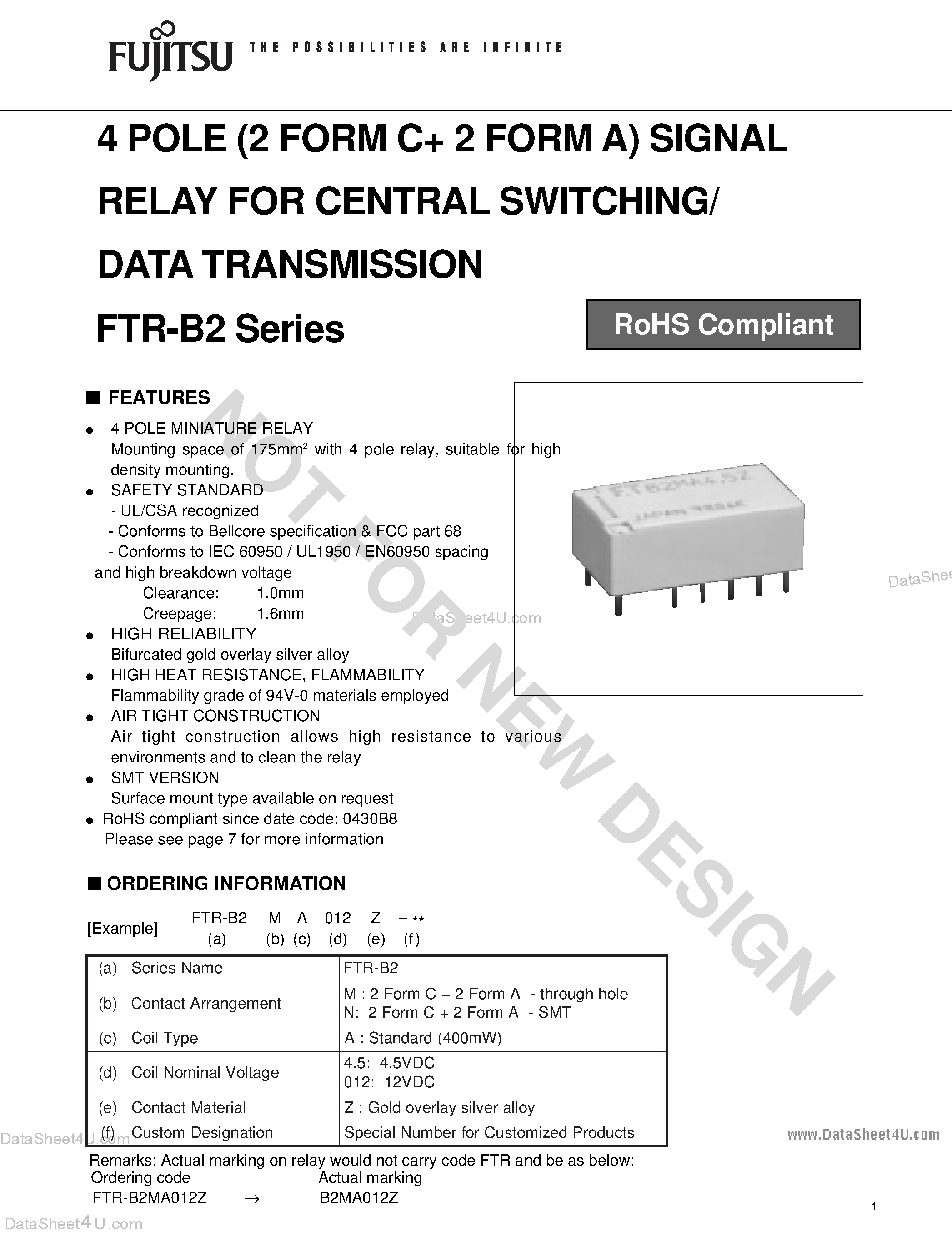 Datasheet FTR-B2 - 4 POLE (2 FORM C + 2 FORM A) SIGNAL RELAY FOR CENTRAL SWITCHING/ DATA TRANSMISSION page 1