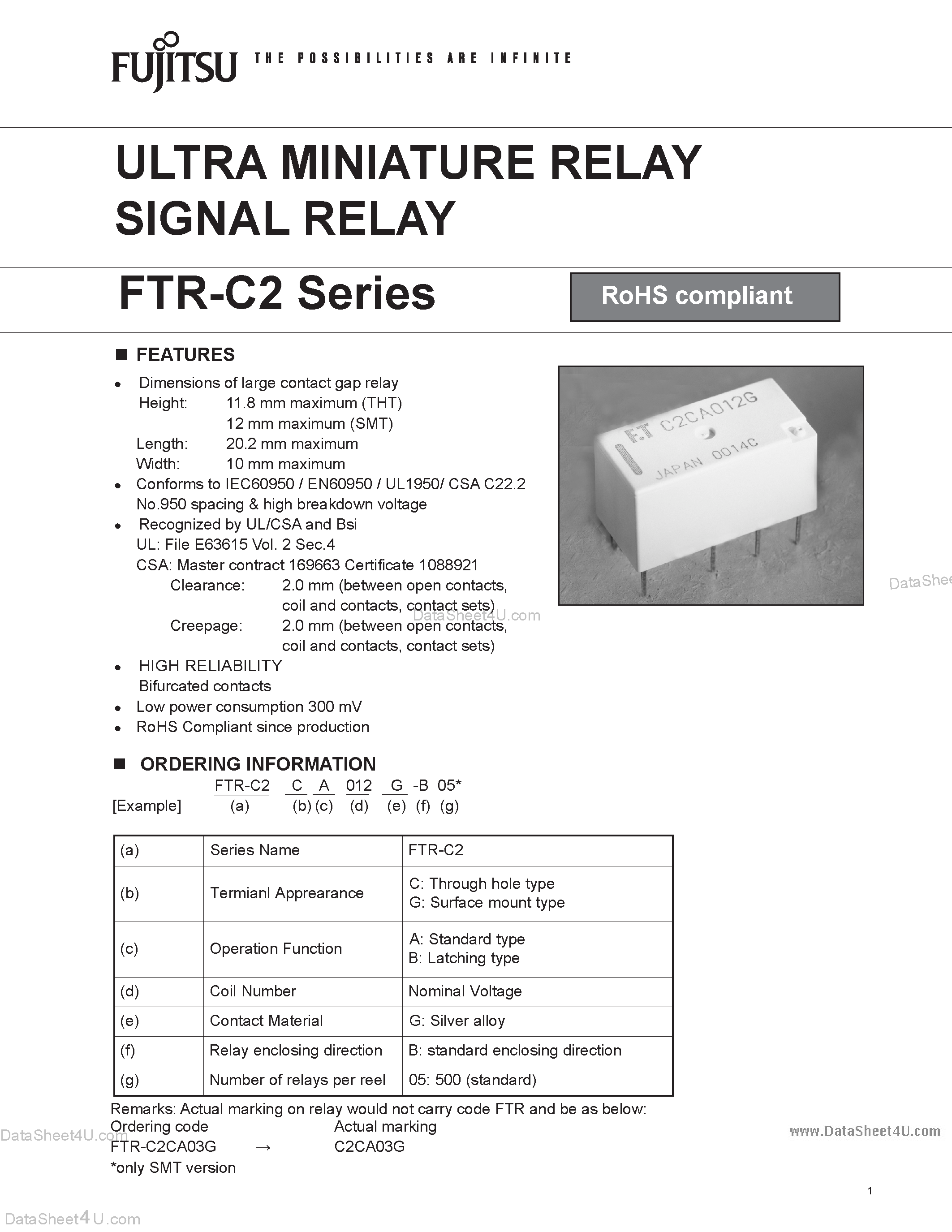 Даташит FTR-C2 - ULTRA MINIATURE RELAY SIGNAL RELAY страница 1