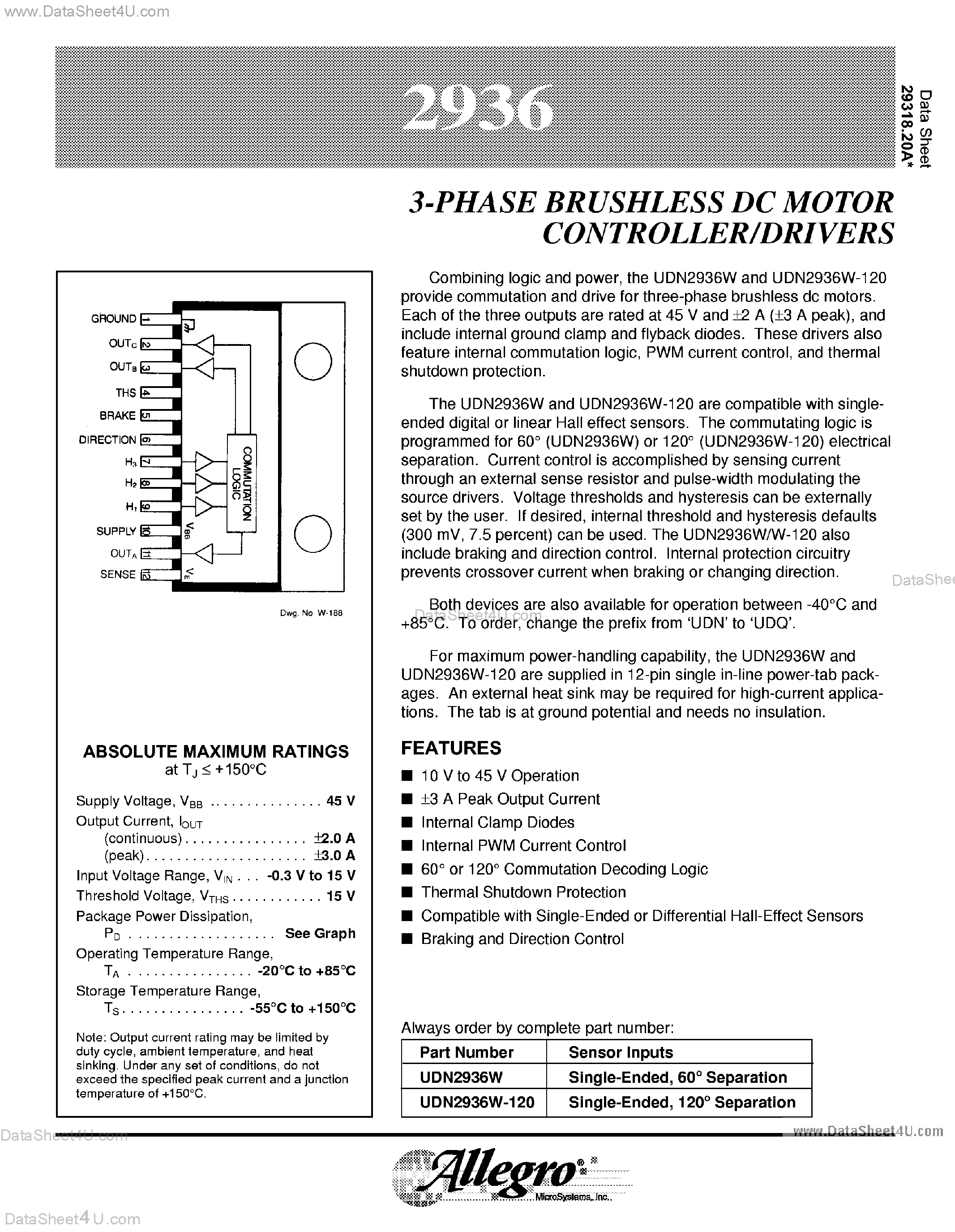 Даташит UDN2936 - 3-PHASE BRUSHLESS DC MOTOR CONTROLLER/DRIVER страница 1