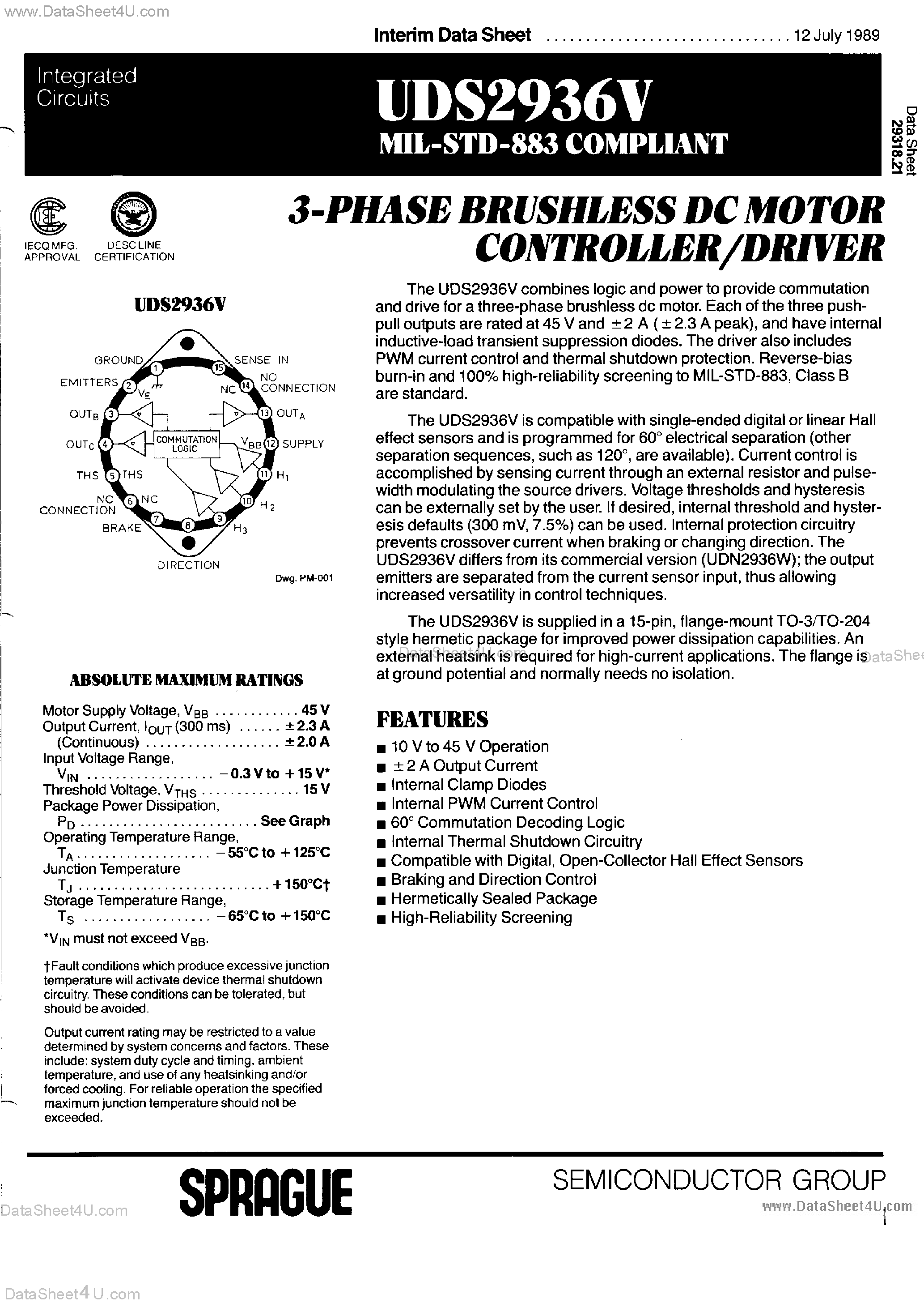 Даташит UDN2936V - 3-PHASE BRUSHLESS DC MOTOR CONTROLLER/DRIVER страница 1