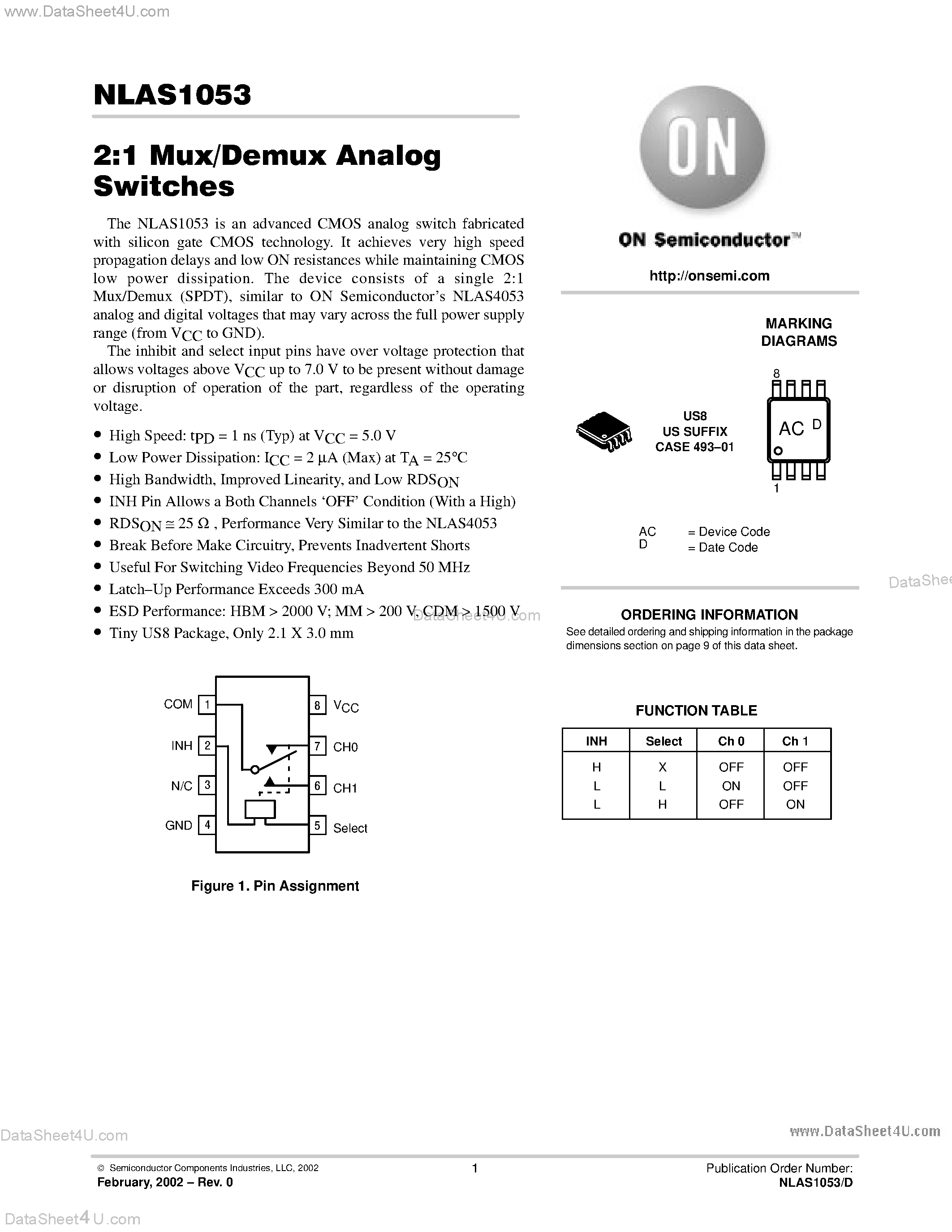 Даташит NLAS1053 - 2:1 Mux/Demux Analog Switches страница 1