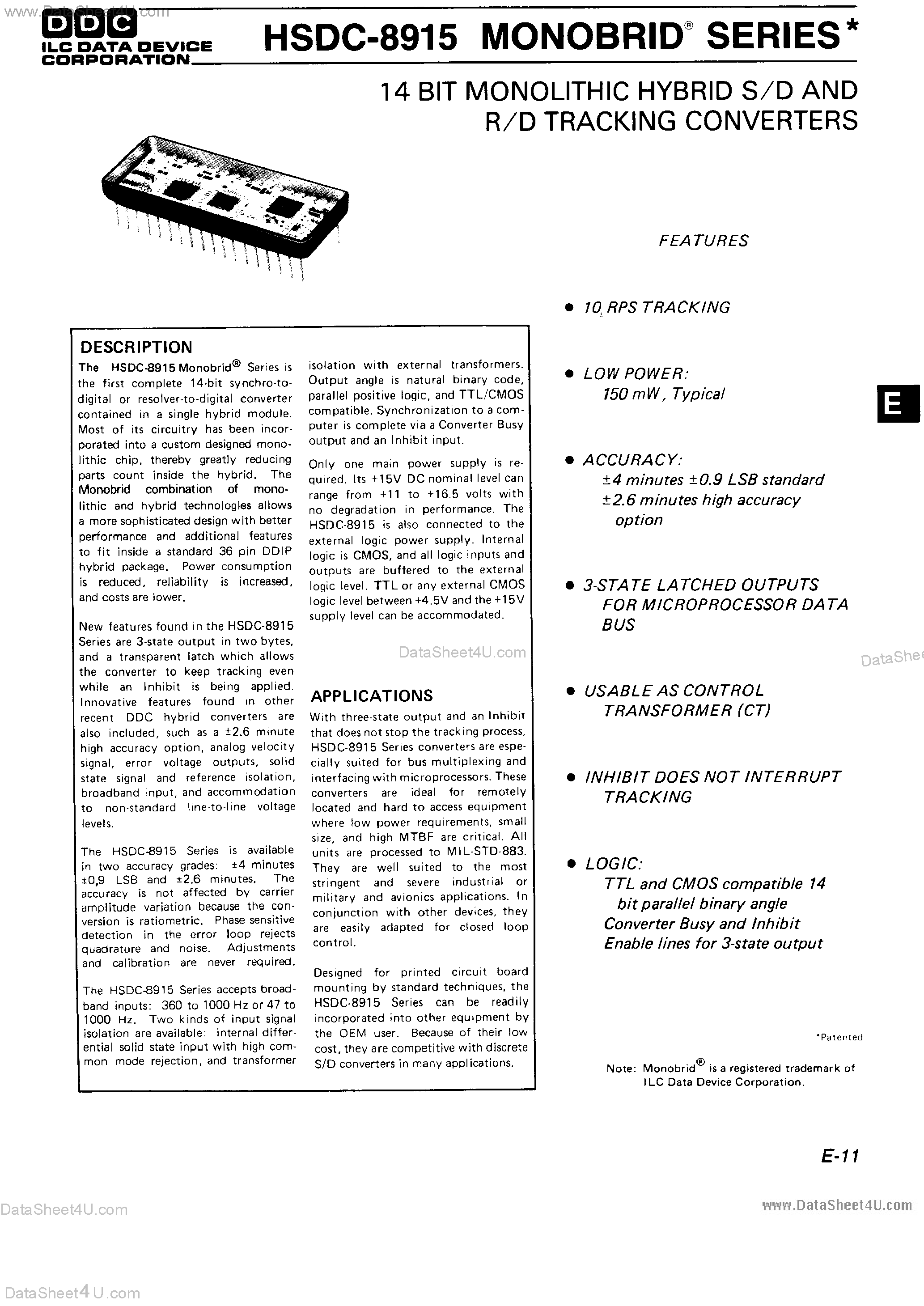 Datasheet HSDC-8915 - (HSDC-8915 Series) 14-Bit Monolithic Hybrid S/D and R/D Tracking Converters page 1