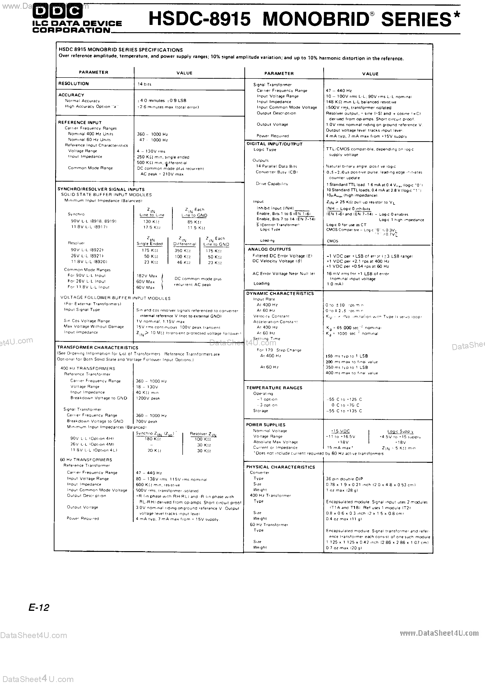 Datasheet HSDC-8915 - (HSDC-8915 Series) 14-Bit Monolithic Hybrid S/D and R/D Tracking Converters page 2