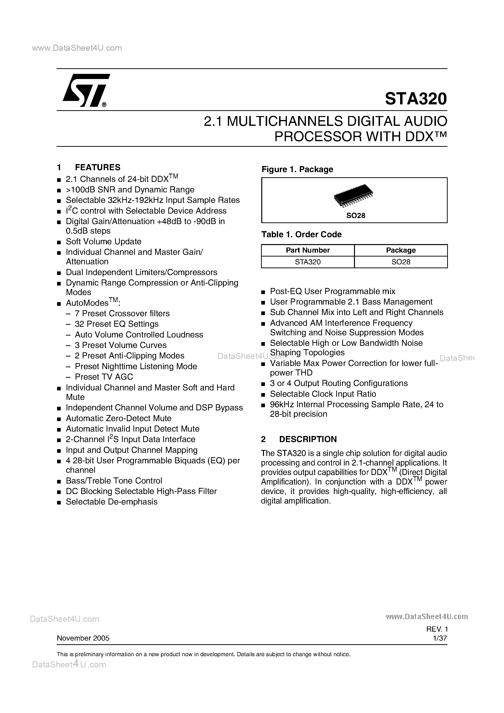 Даташит STA320 - 2.1 MULTICHANNELS DIGITAL AUDIO PROCESSOR WITH DDTM страница 1