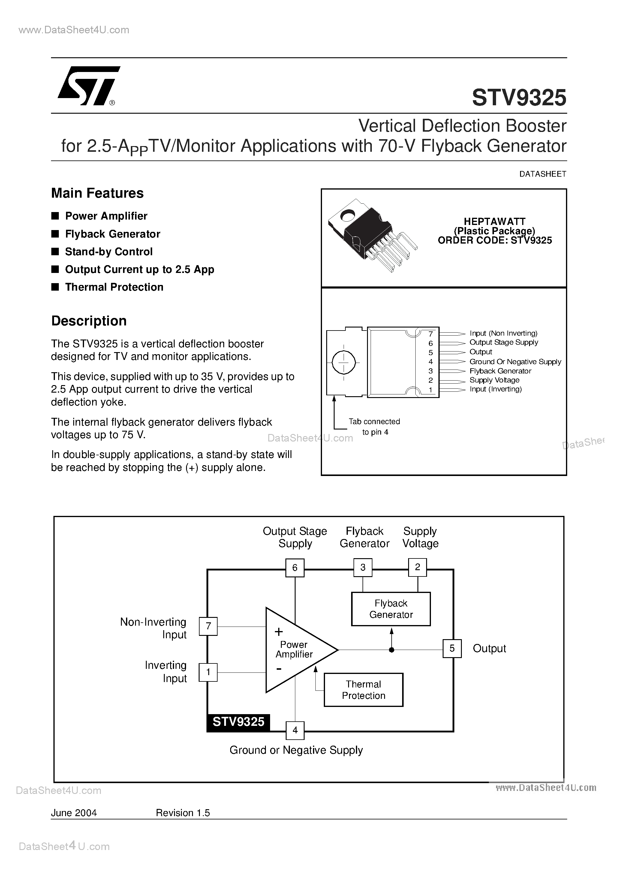 Даташит STV9325 - Vertical Deflection Booster for 2.5-APPTV/Monitor Applications with 70-V Flyback Generator страница 1