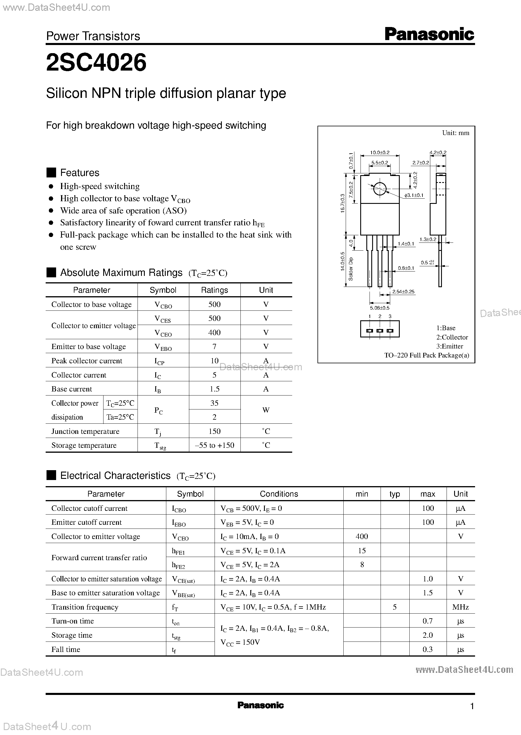 Datasheet 2SC4026 - For high breakdown voltage high-speed switching page 1