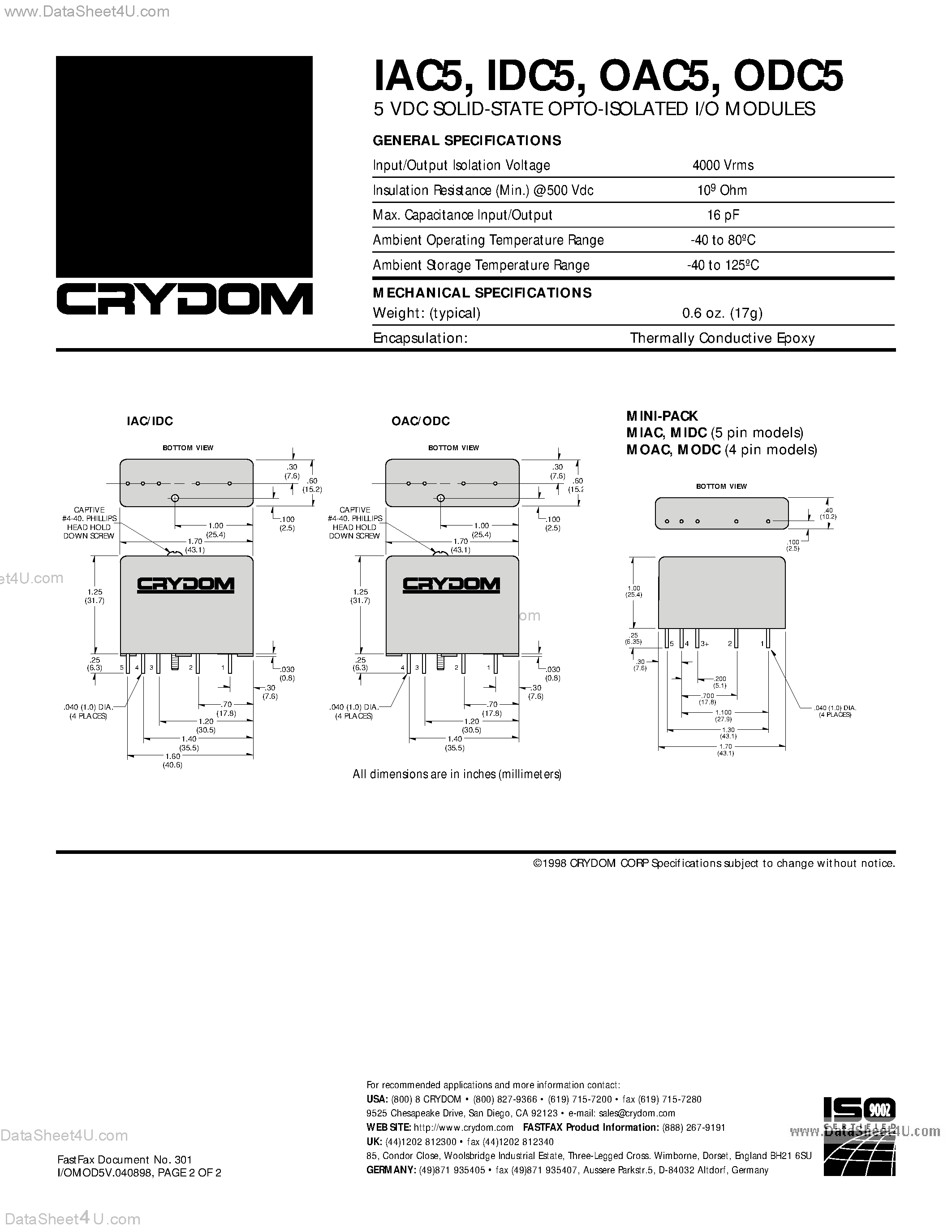 Datasheet IDC5 - 5 VDC SOLID-STATE OPTO-ISOLATED I/O MODULES page 2