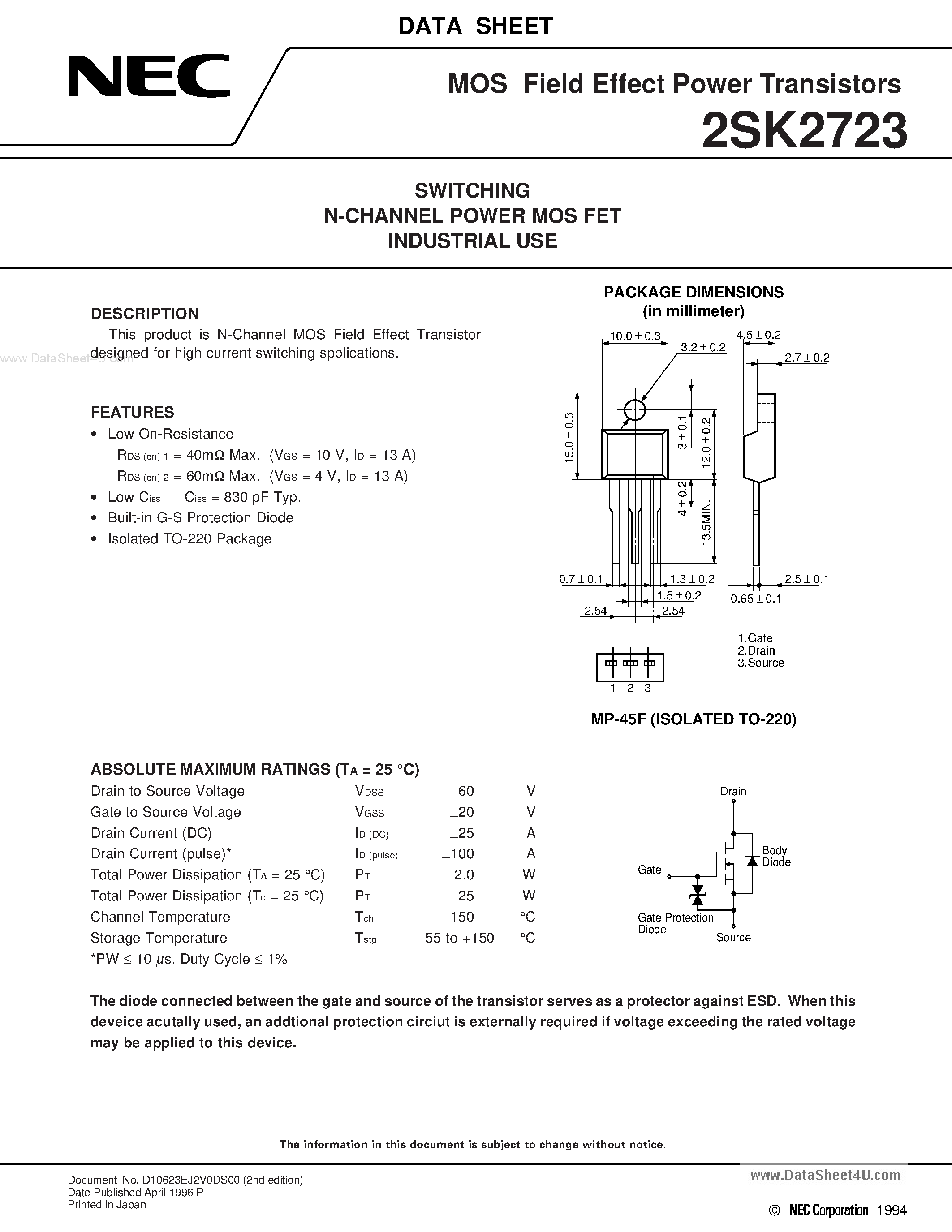 Datasheet K2723 - Search -----> 2SK2723 page 1