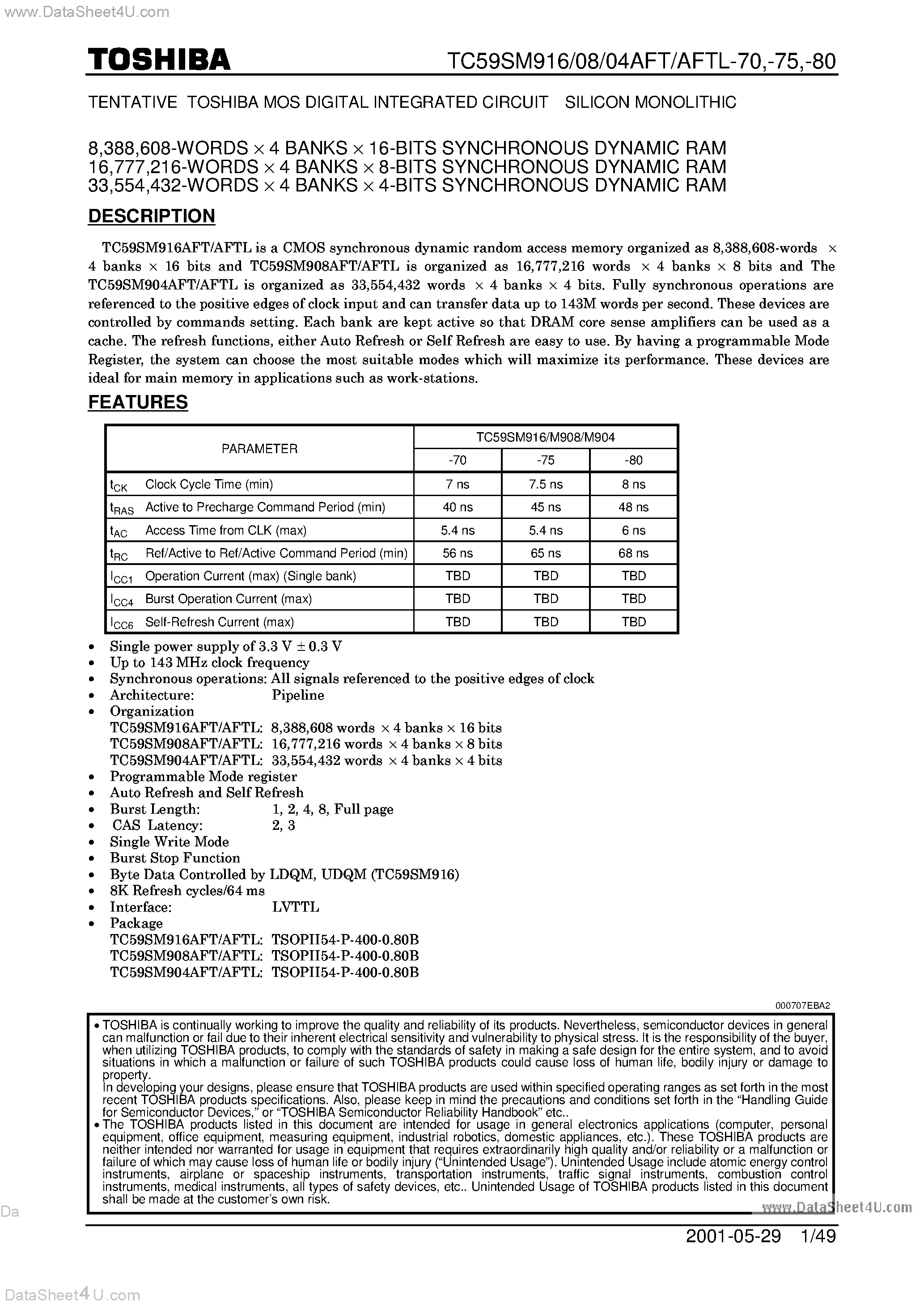 Datasheet TC59SM904AFT - (TC59SM904AFT - TC59SM916AFT) SDRAM page 1