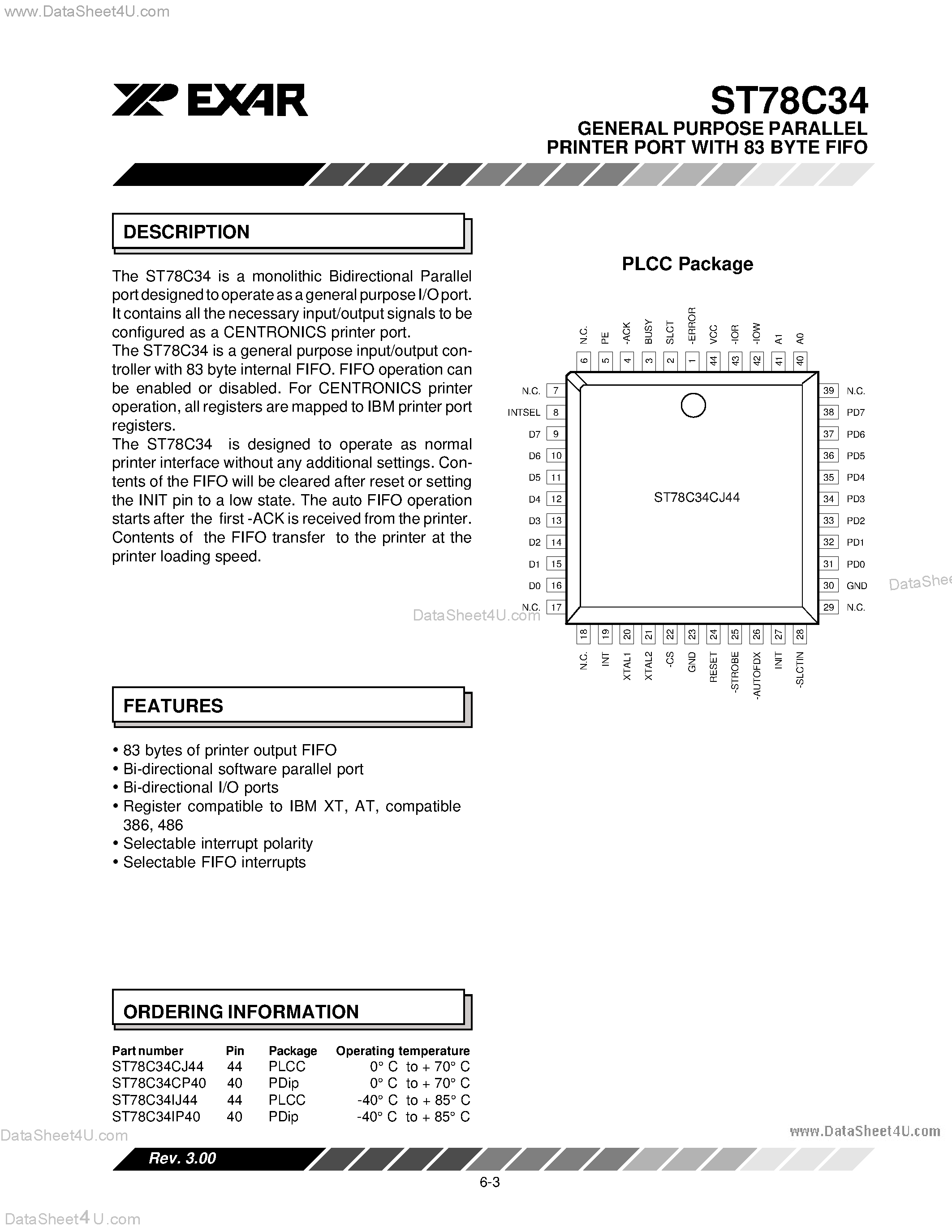 Datasheet ST78C34 - GENERAL PURPOSE PARALLEL PRINTER PORT WITH 83 BYTE FIFO page 1