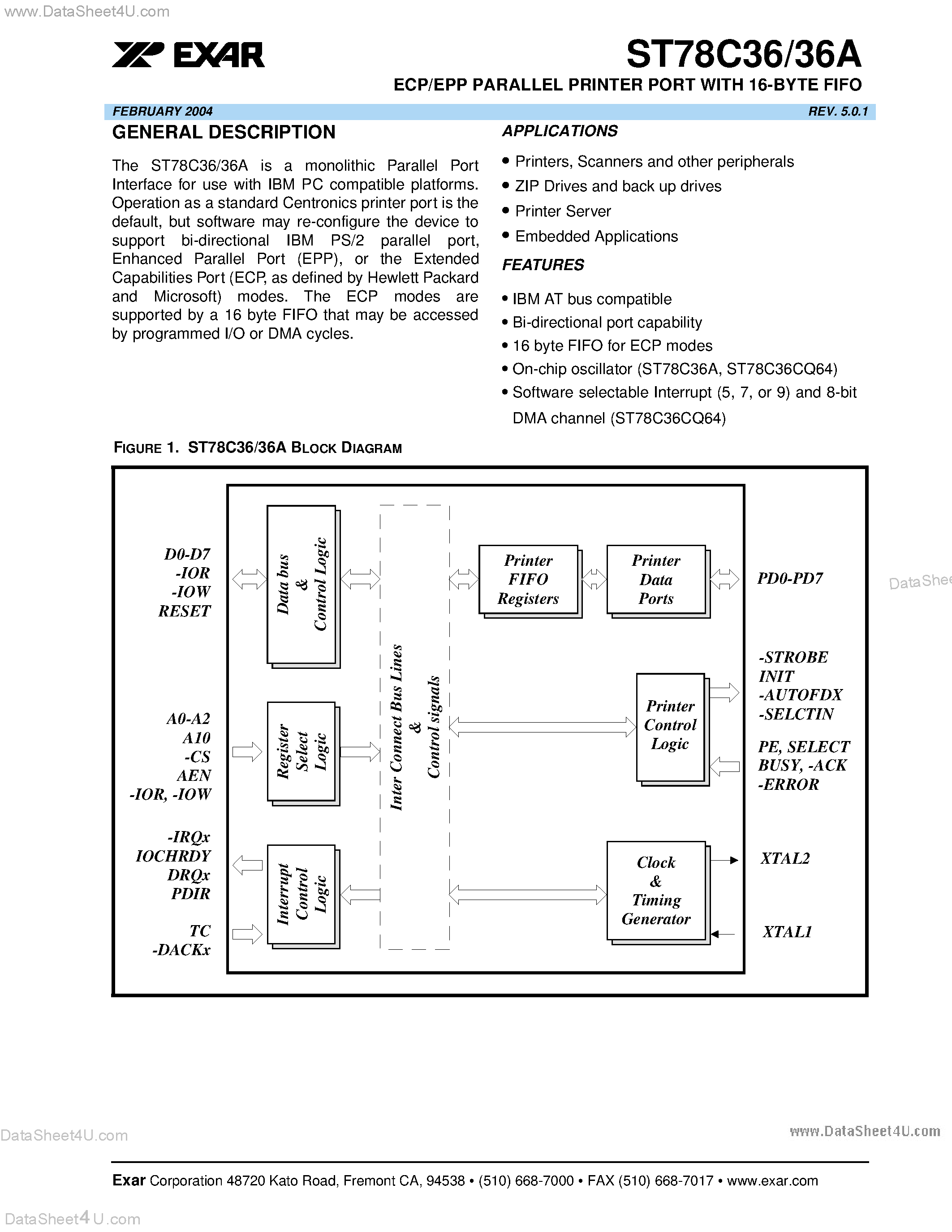 Datasheet ST78C36 - ECP/EPP PARALLEL PRINTER PORT WITH 16-BYTE FIFO page 1