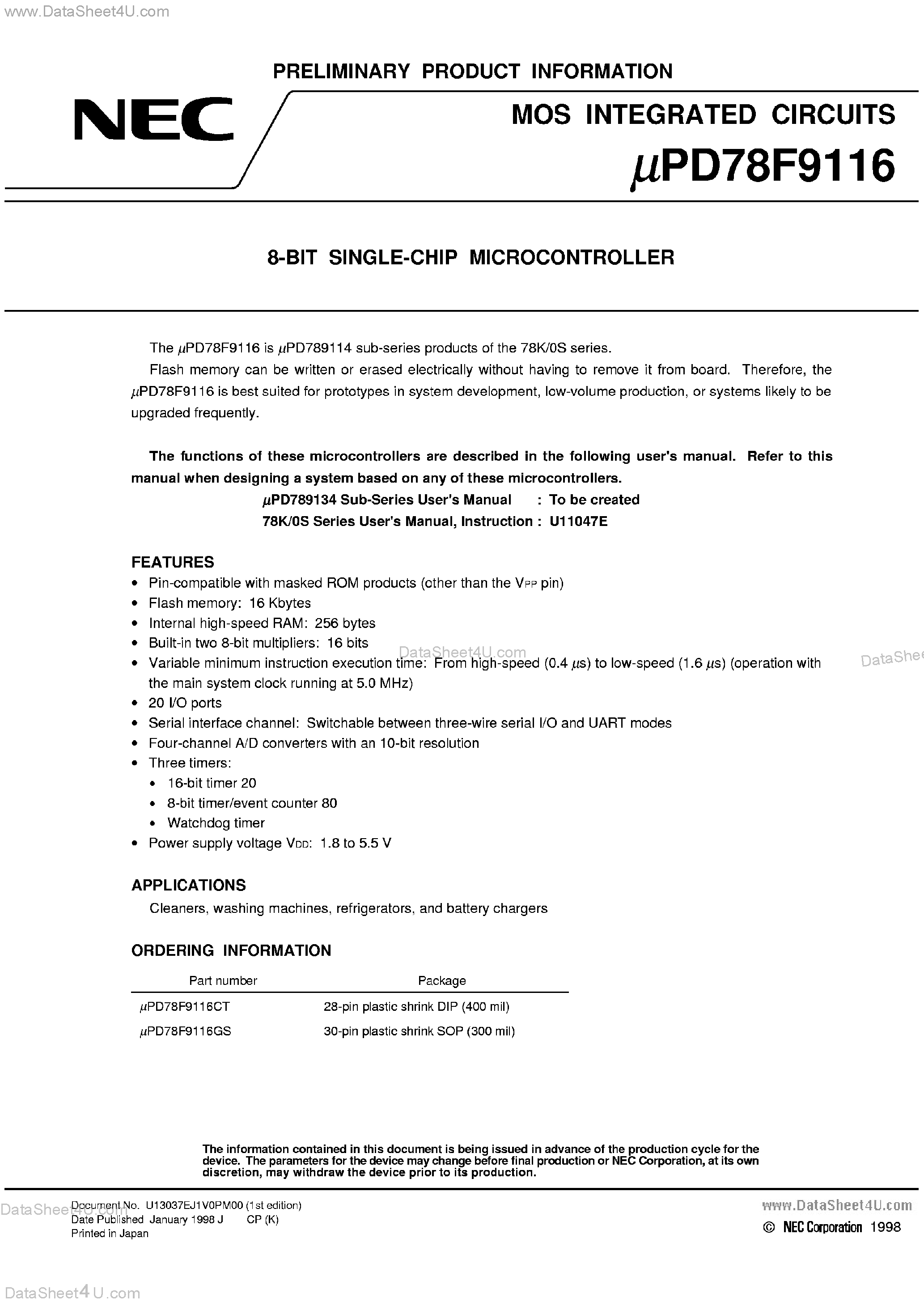 Даташит UPD78F9116 - 8-Bit Single-Chip Microcontroller страница 1