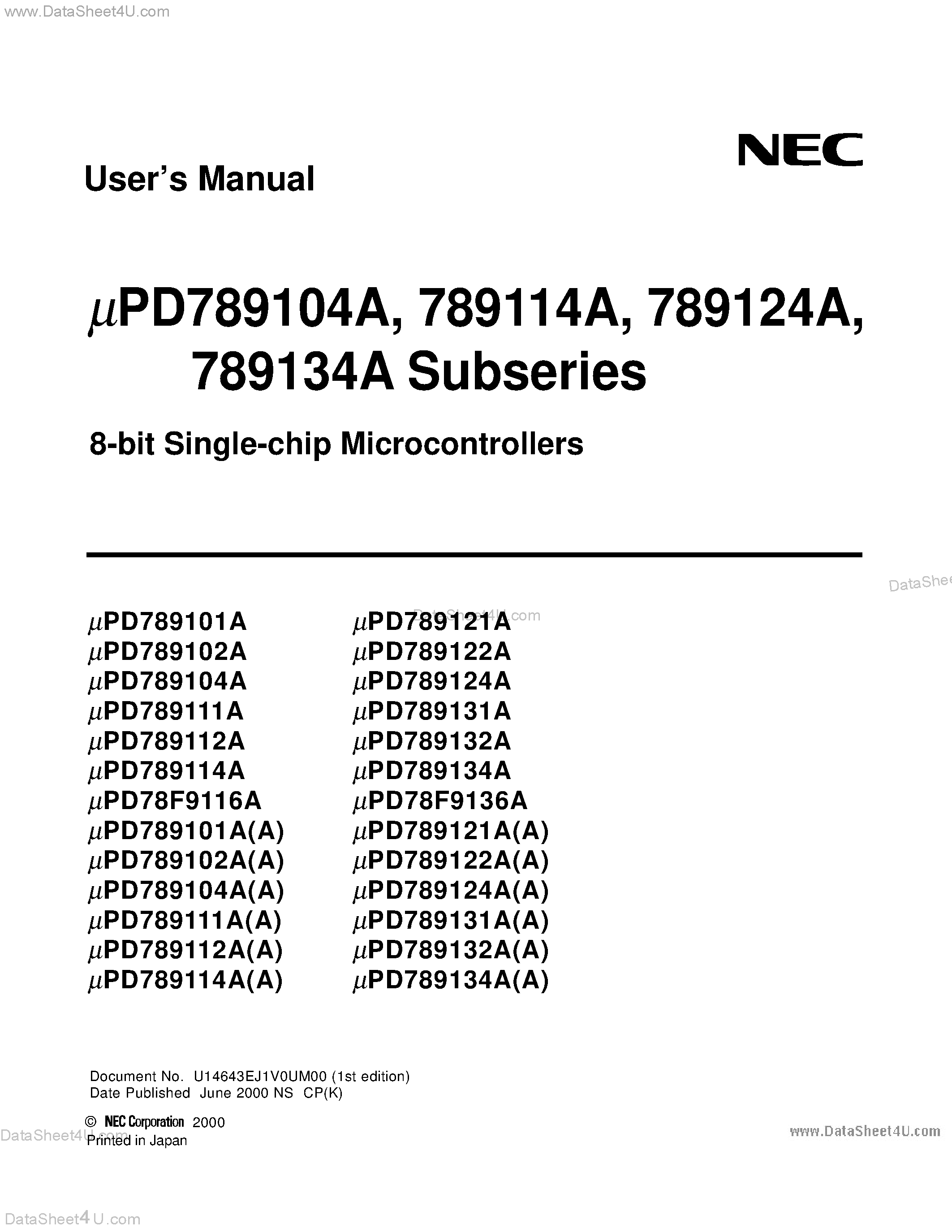 Даташит UPD789101A - (UPD78x91xxA) 8-Bit Single-Chip Microcontrollers страница 1