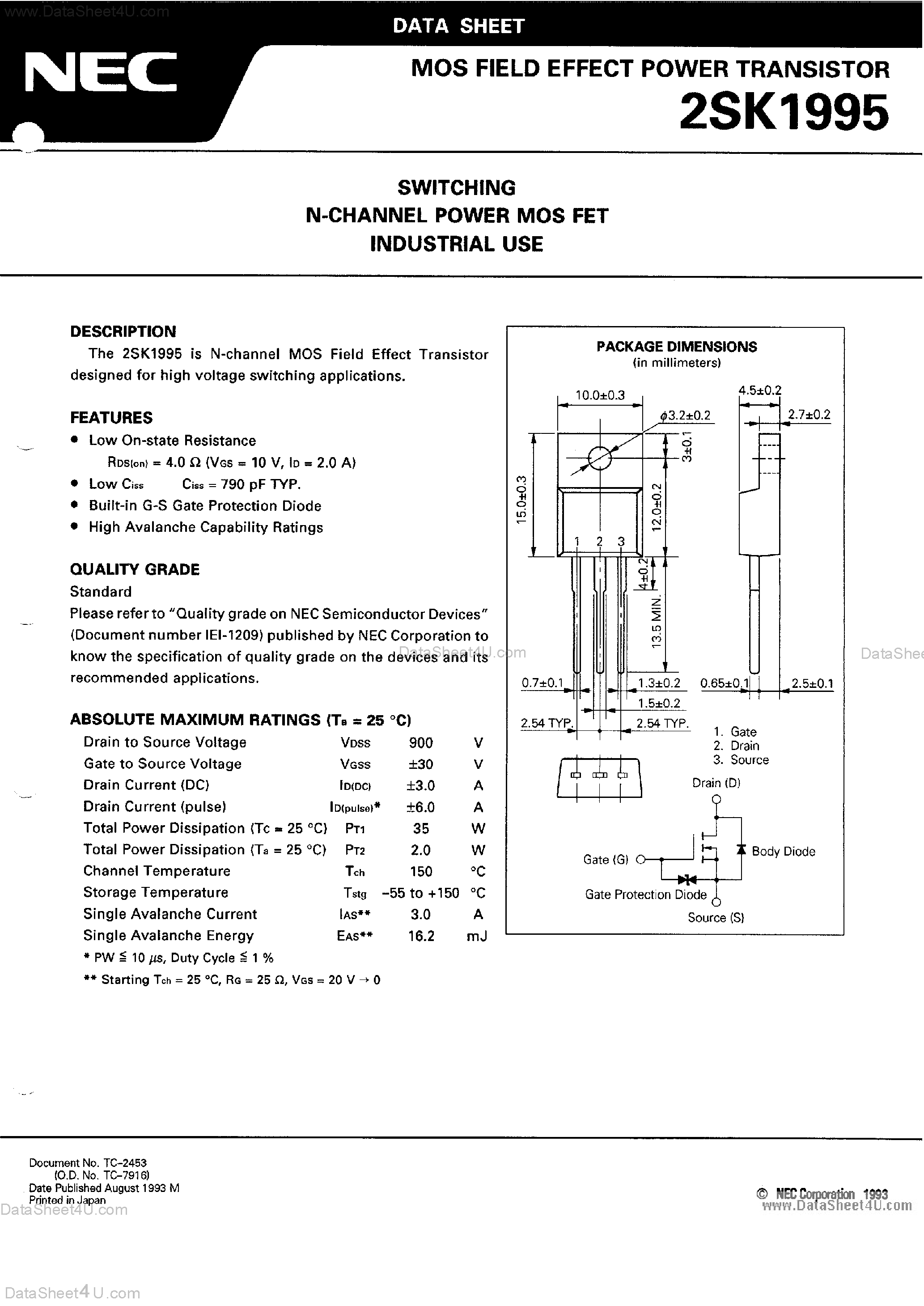 Datasheet 2SK1995 - MOS Field Effect Power Transistor page 1