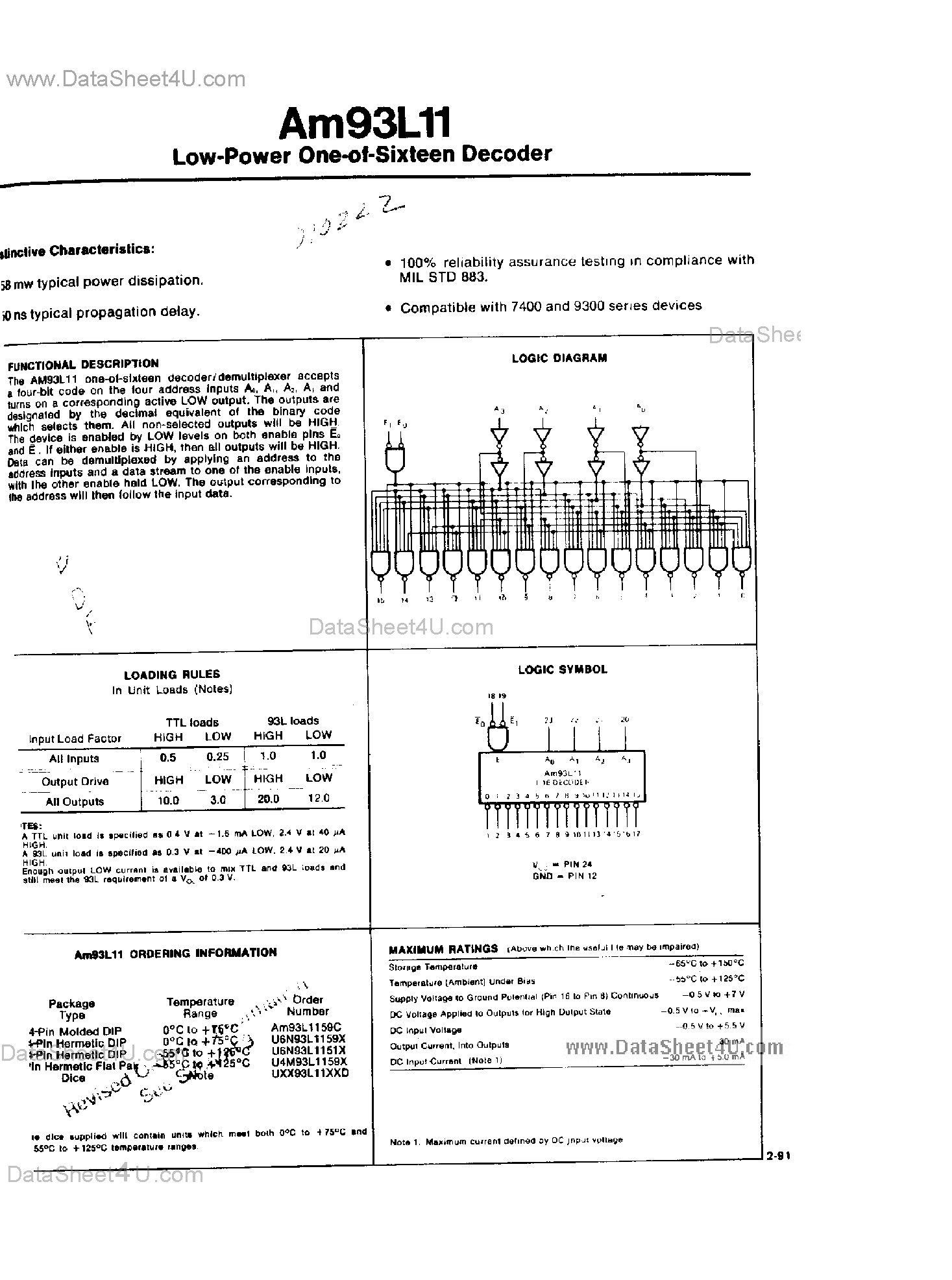 Даташит AM93L11 - Low Power 1 of 16 Decoder страница 1