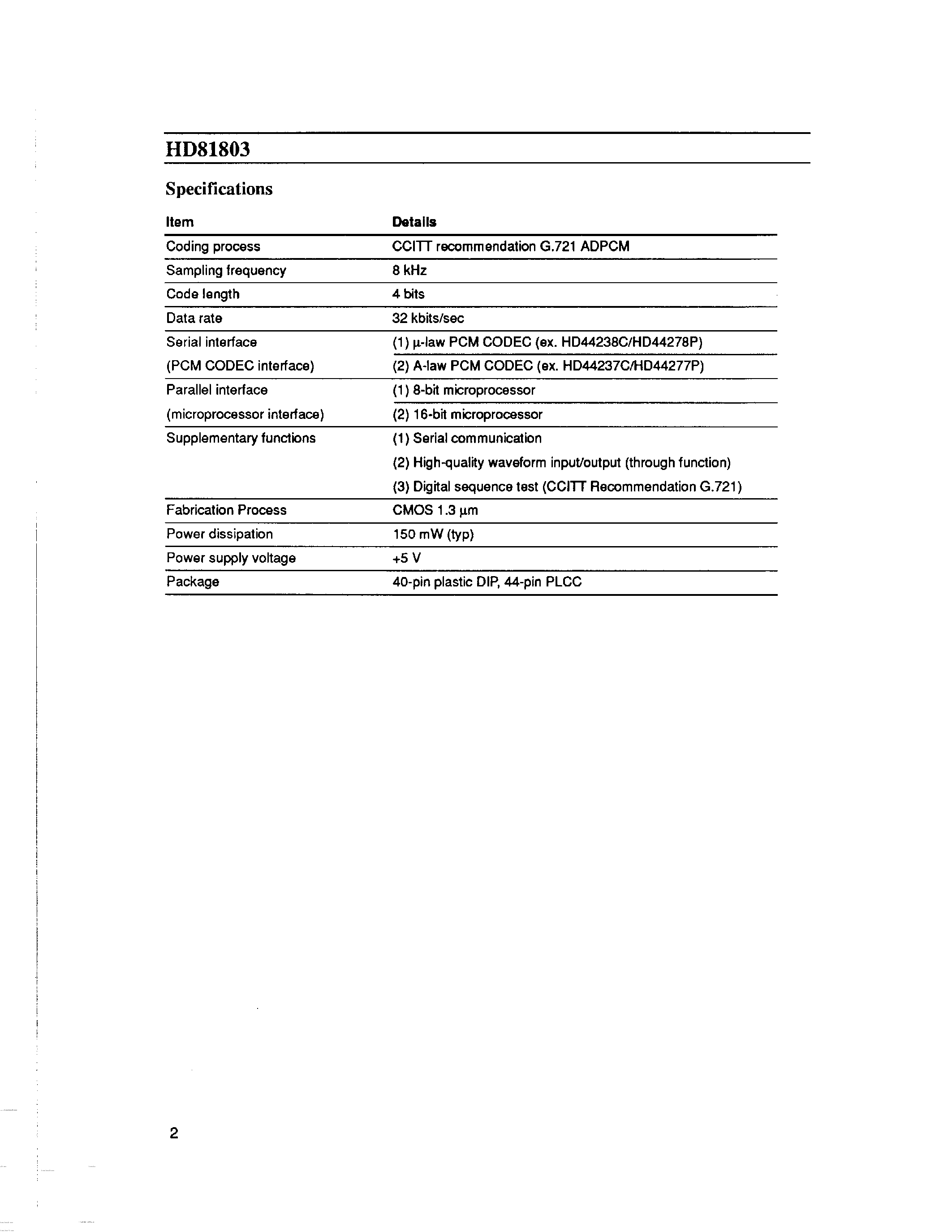 Datasheet HD81803 - ADPCM TRANSCODER CONFORMING TO G.721 page 2