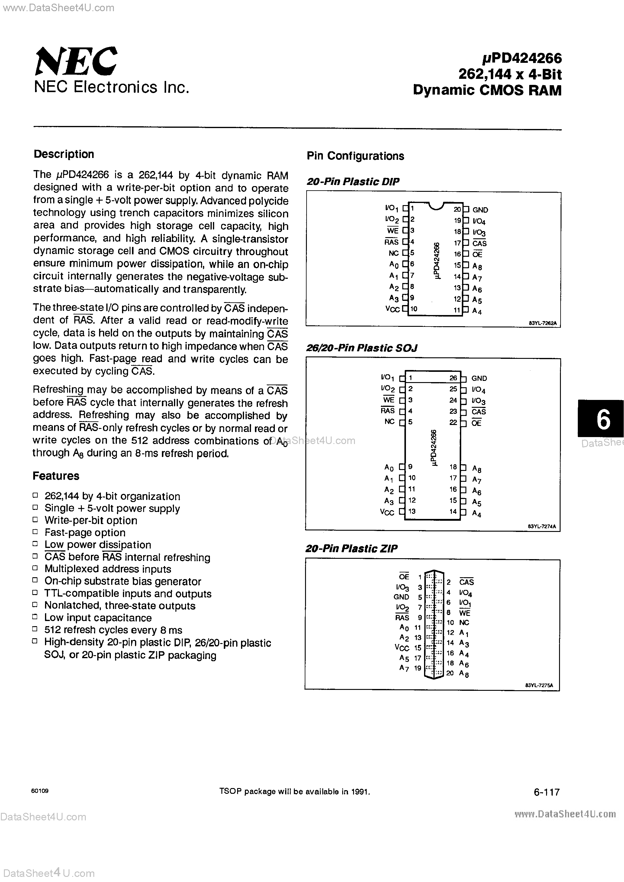 Datasheet UPD424266 - 256K x 4-Bit CMOD DRAM page 1