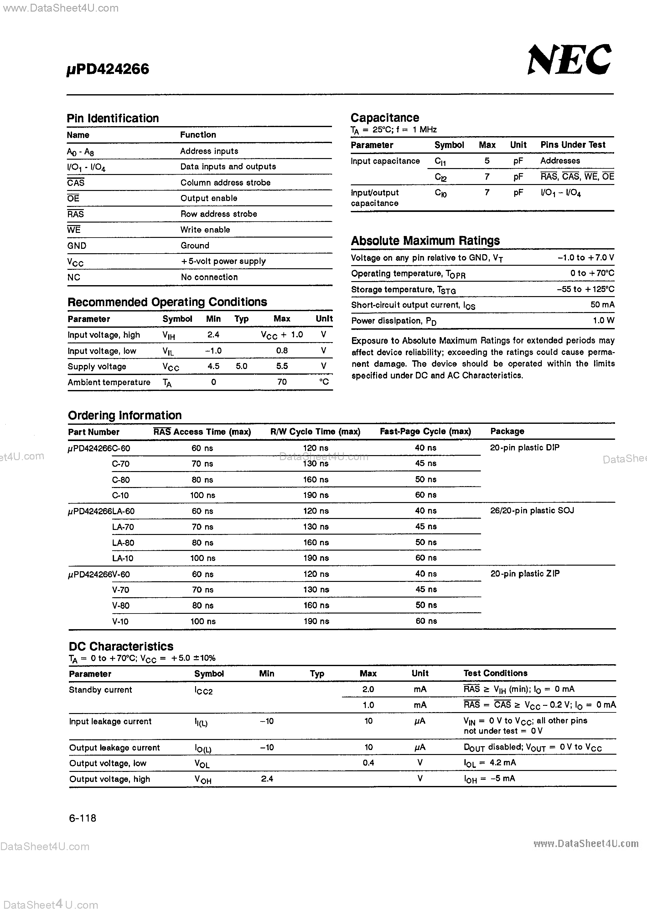 Datasheet UPD424266 - 256K x 4-Bit CMOD DRAM page 2