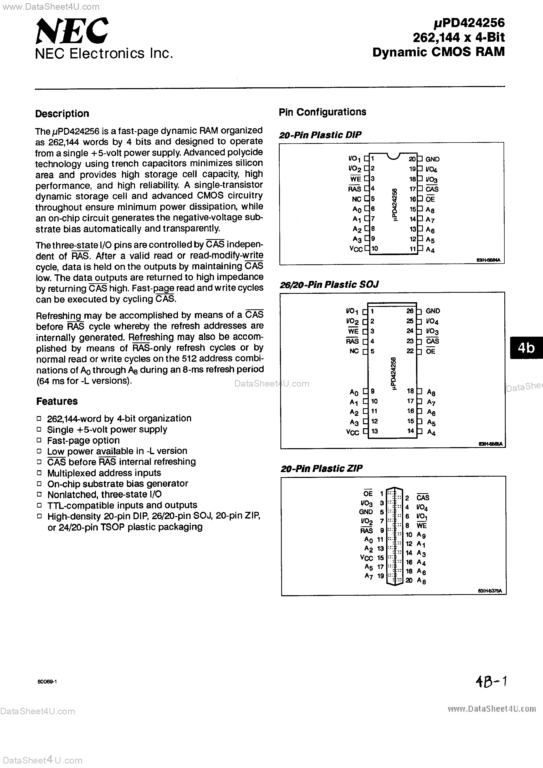 Datasheet UPD424256 - 256K x 4-Bit CMOD DRAM page 1