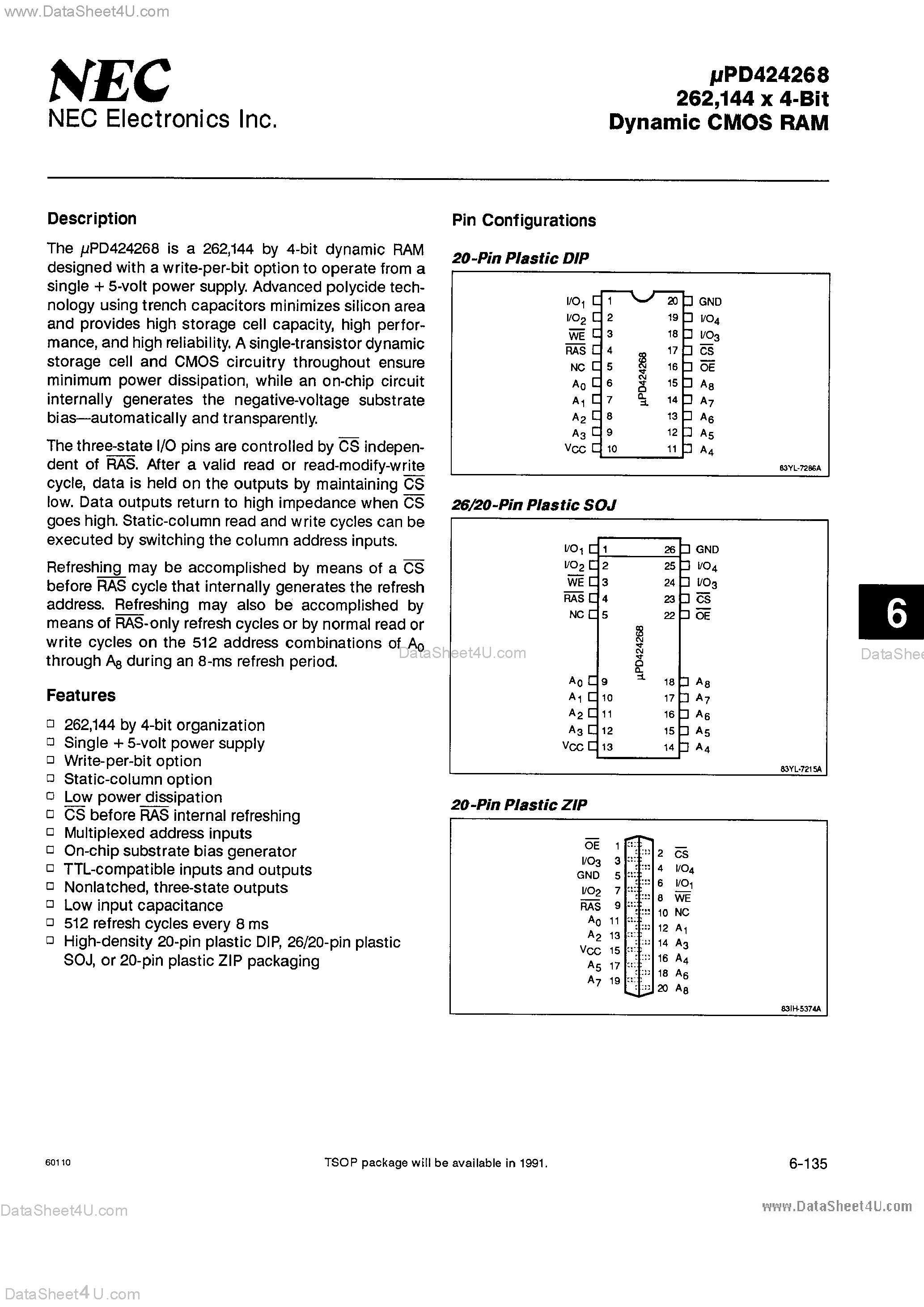 Datasheet UPD424268 - 256K x 4-Bit DRAM page 1