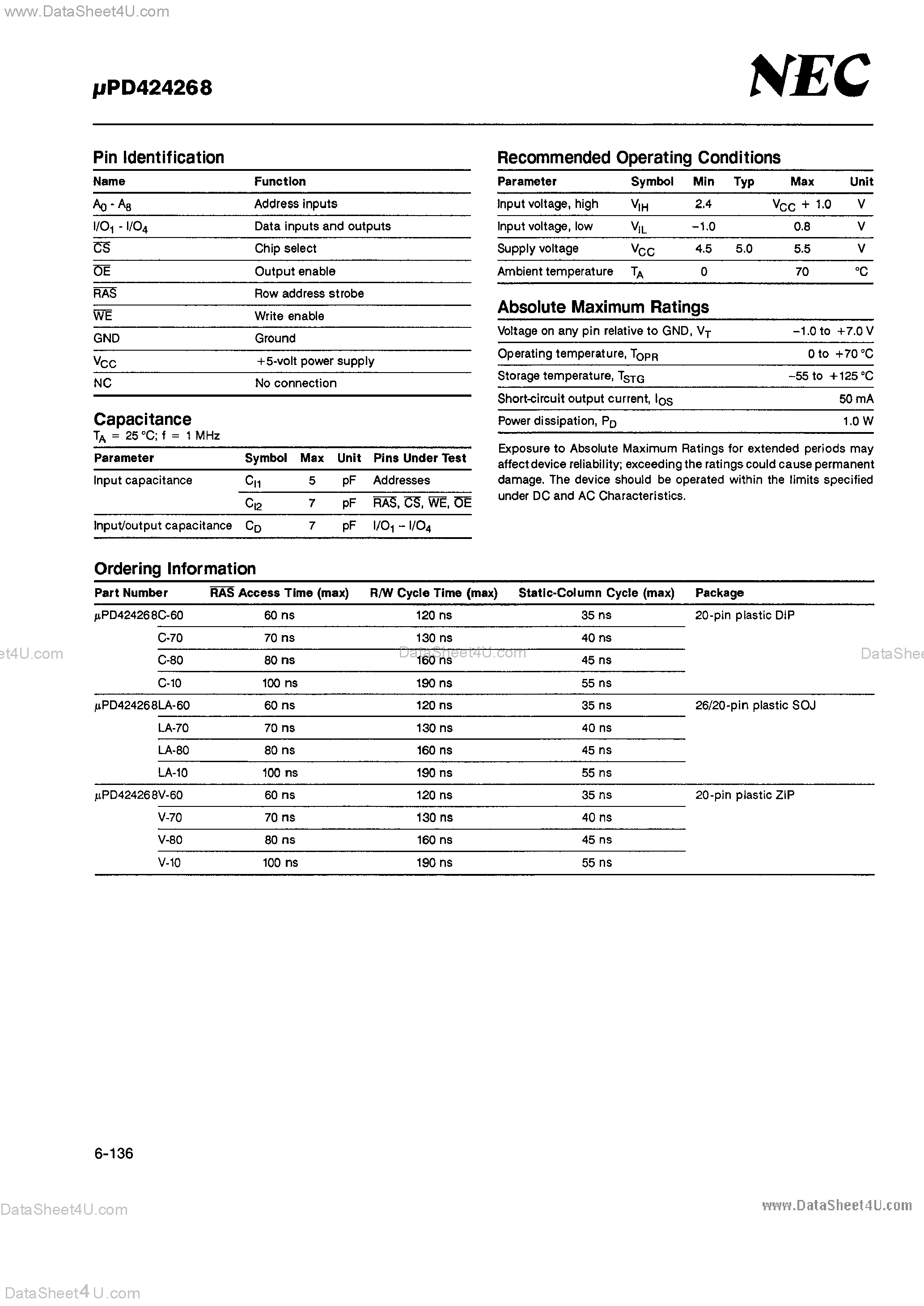 Datasheet UPD424268 - 256K x 4-Bit DRAM page 2