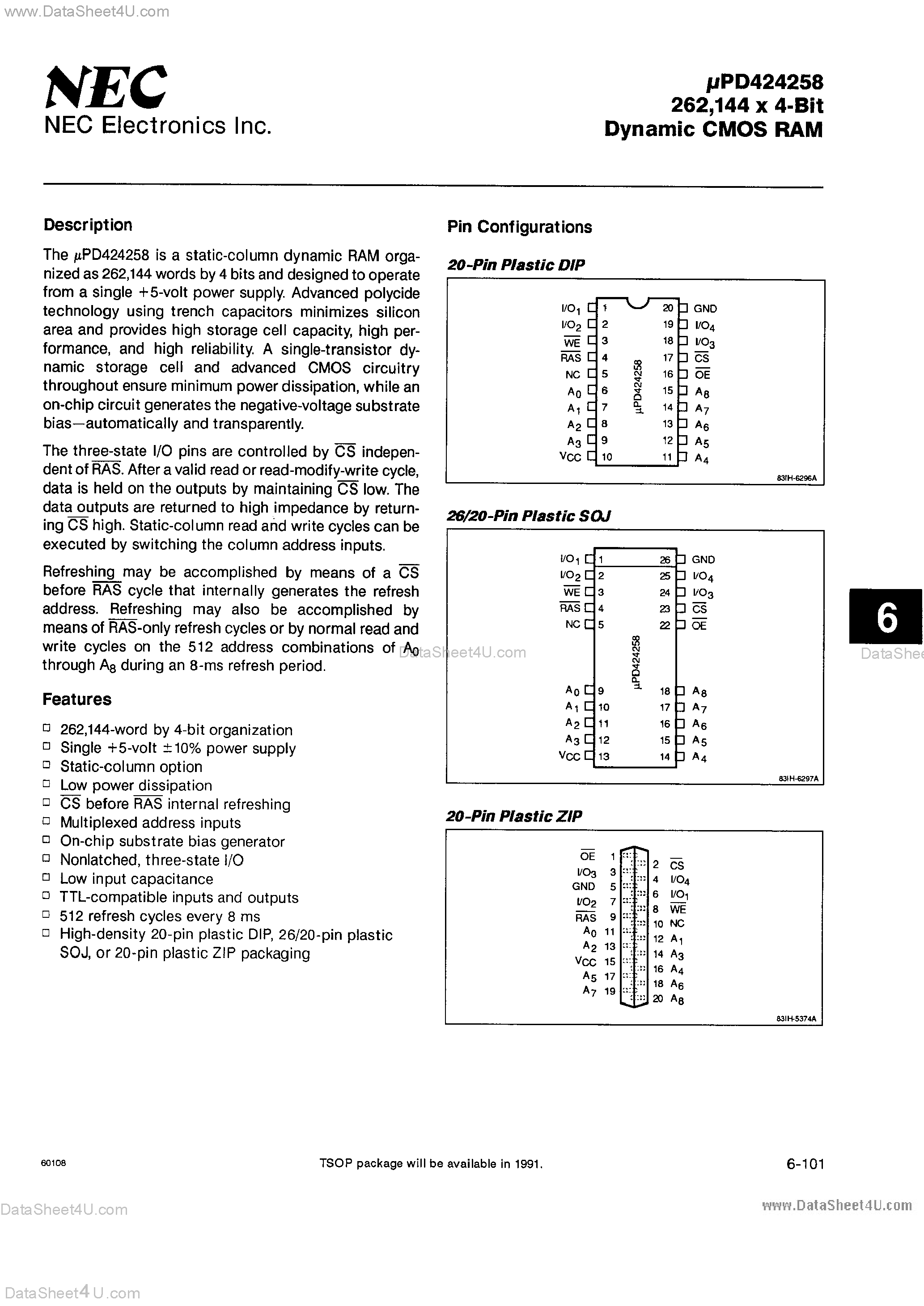 Datasheet UPD424258 - 256K x 4-Bit DRAM page 1