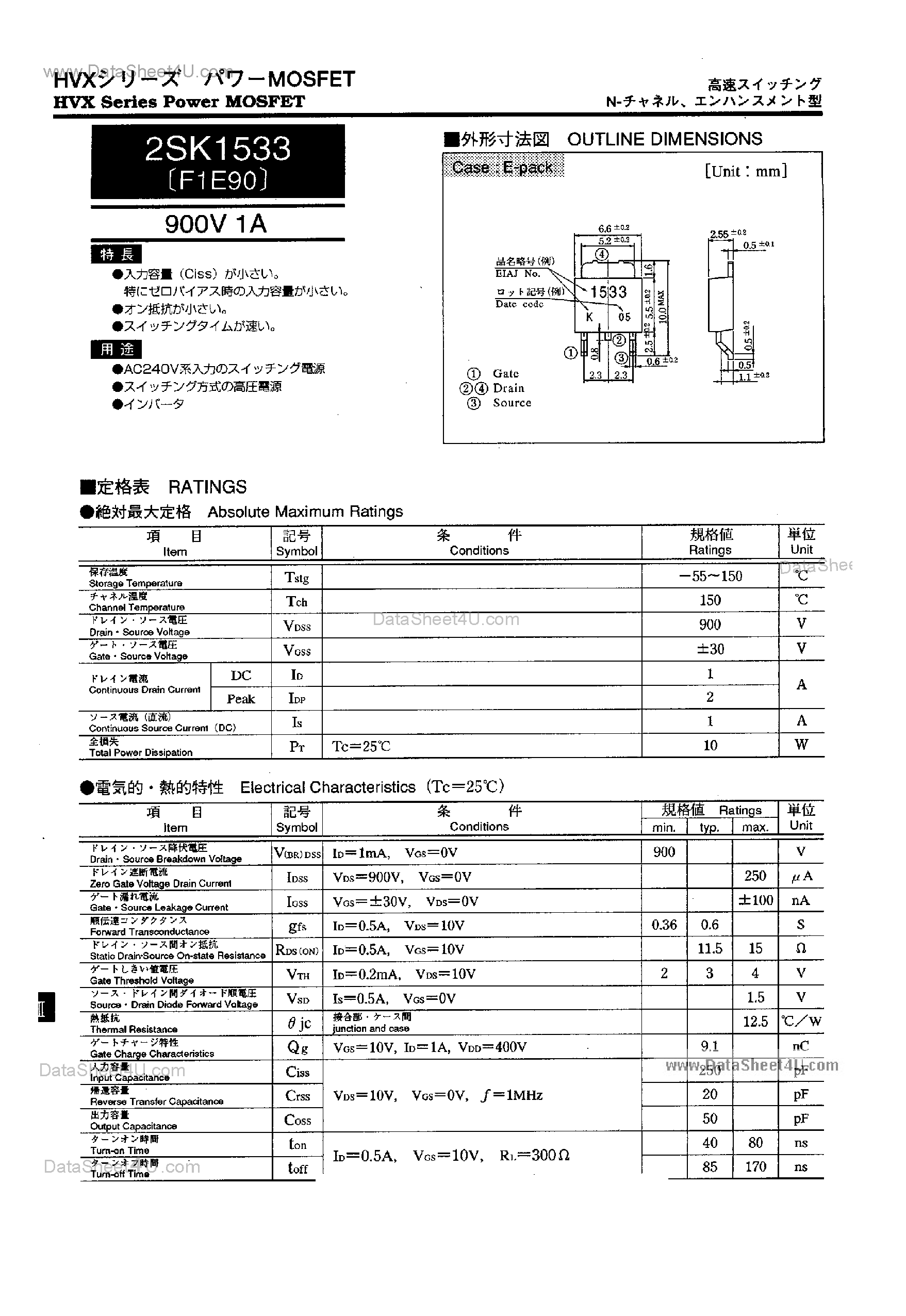 Datasheet 2SK1533 - HVX Series Power MOSFET page 1