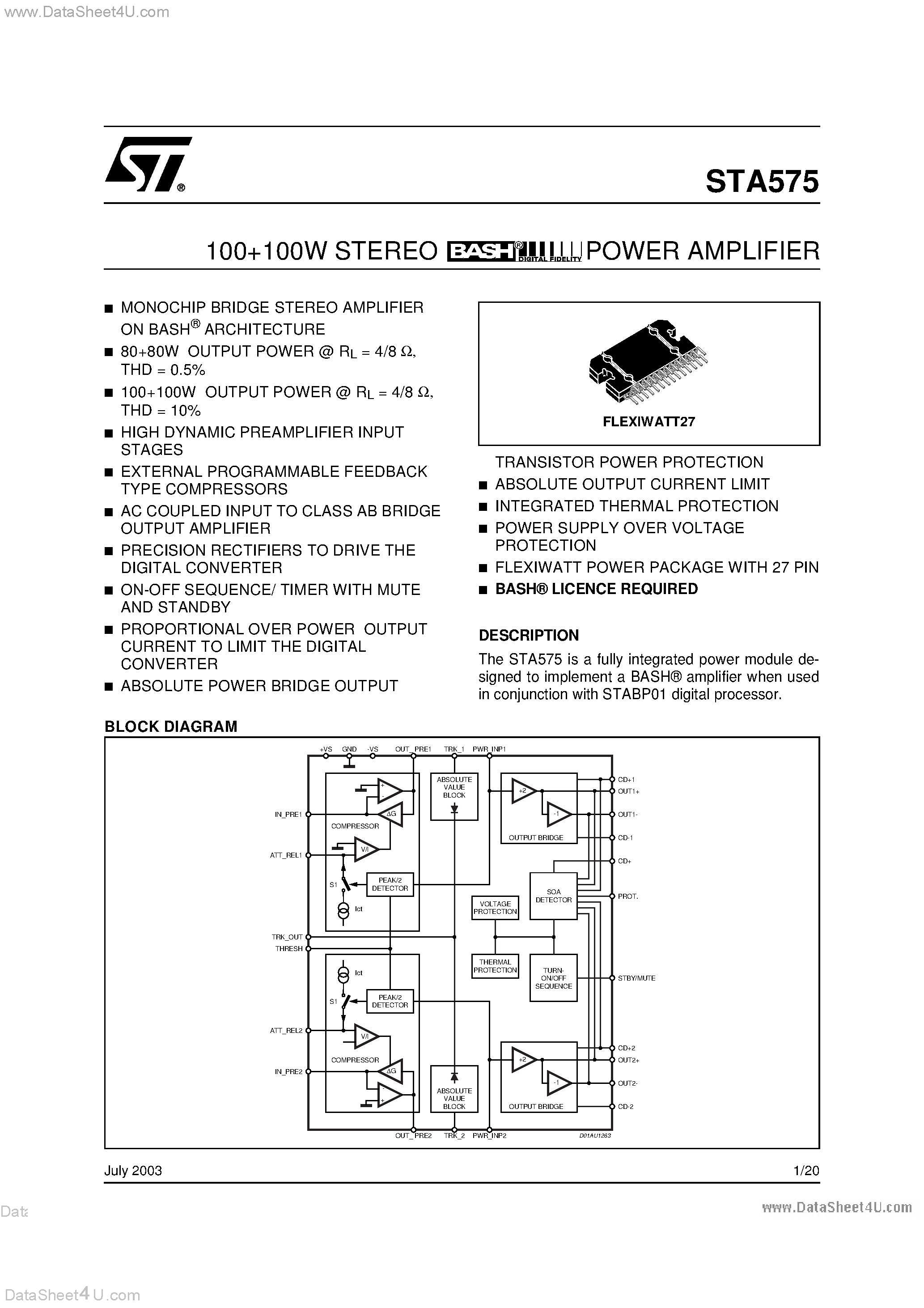 Даташит STA575 - 100+100W STEREO BASH POWER AMPLIFIER страница 1