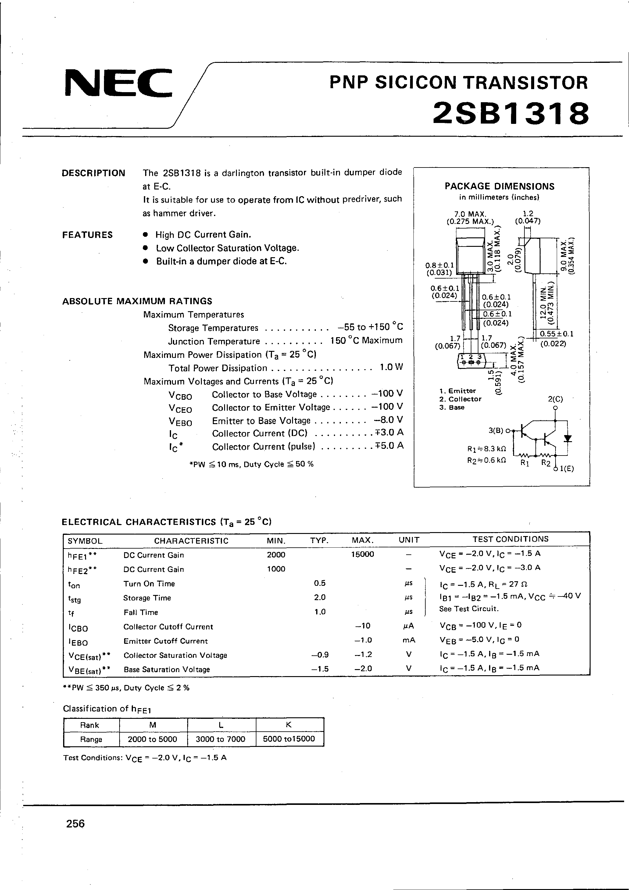 Datasheet 2SB1318 - Darlington Transistor BUILT-IN DUMPER DIODE AT E-C page 1