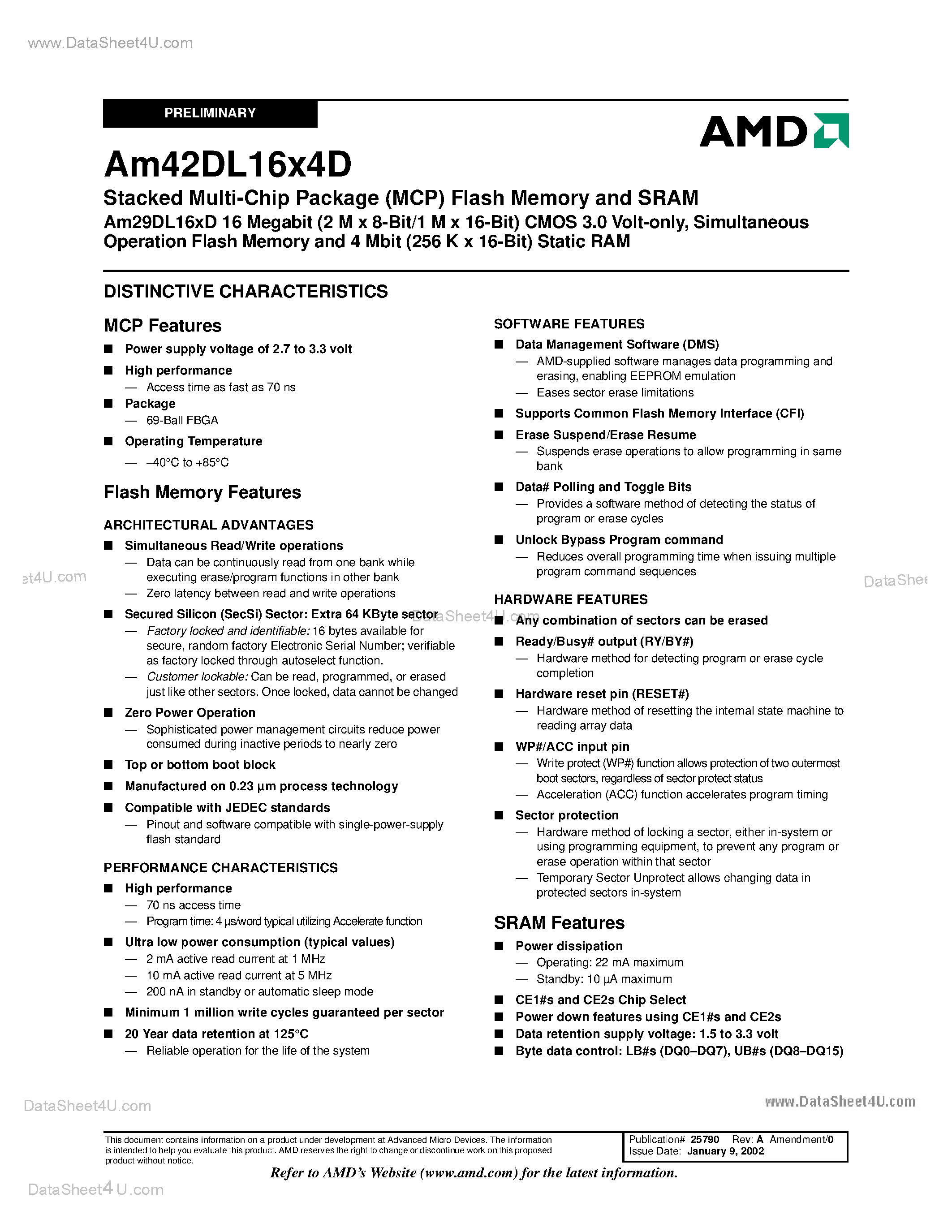 Datasheet AM42DL16X4D - Stacked Multi-Chip Package (MCP) Flash Memory and SRAM page 2