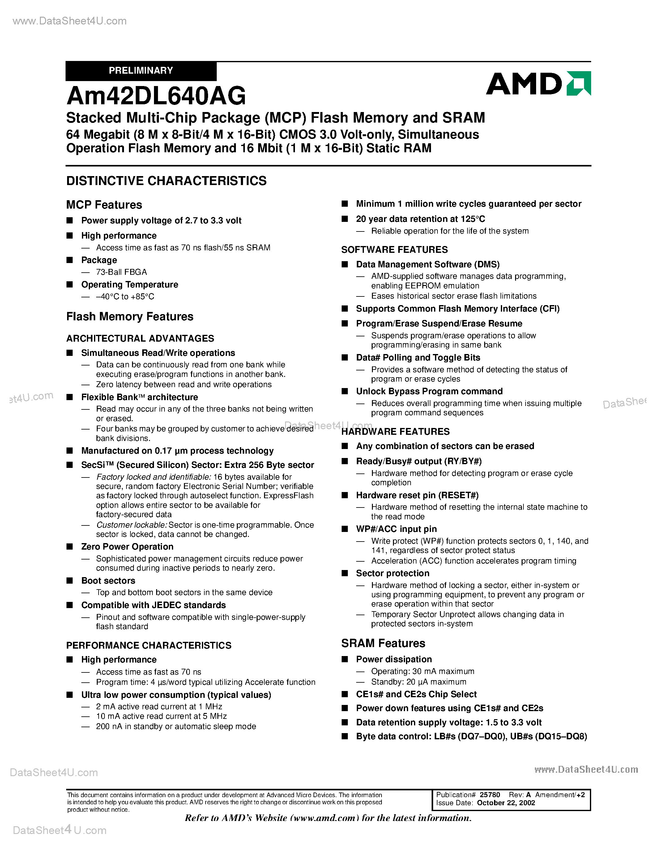 Даташит AM42DL640AG - Stacked Multi-Chip Package (MCP) Flash Memory and SRAM 64 Megabit страница 2