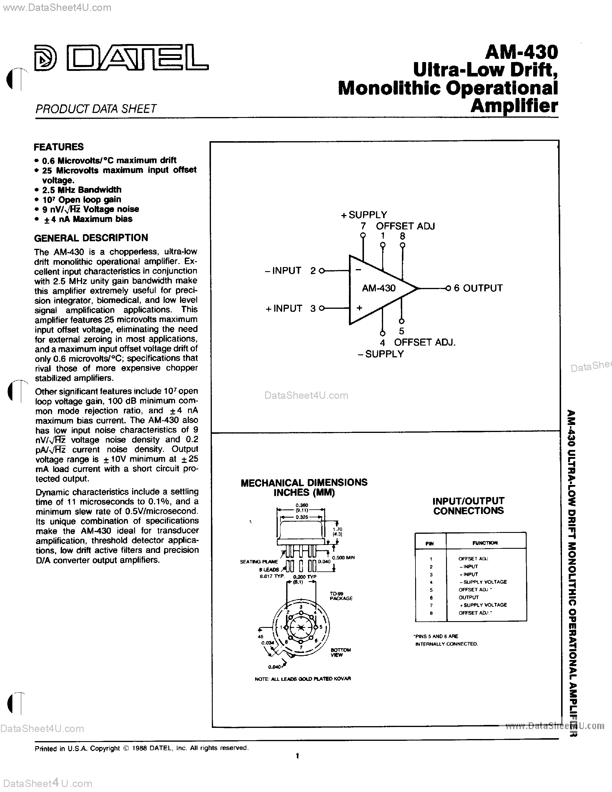 Datasheet AM430 - Ultra Low Drift / Monolithic Operational Amplifier page 1