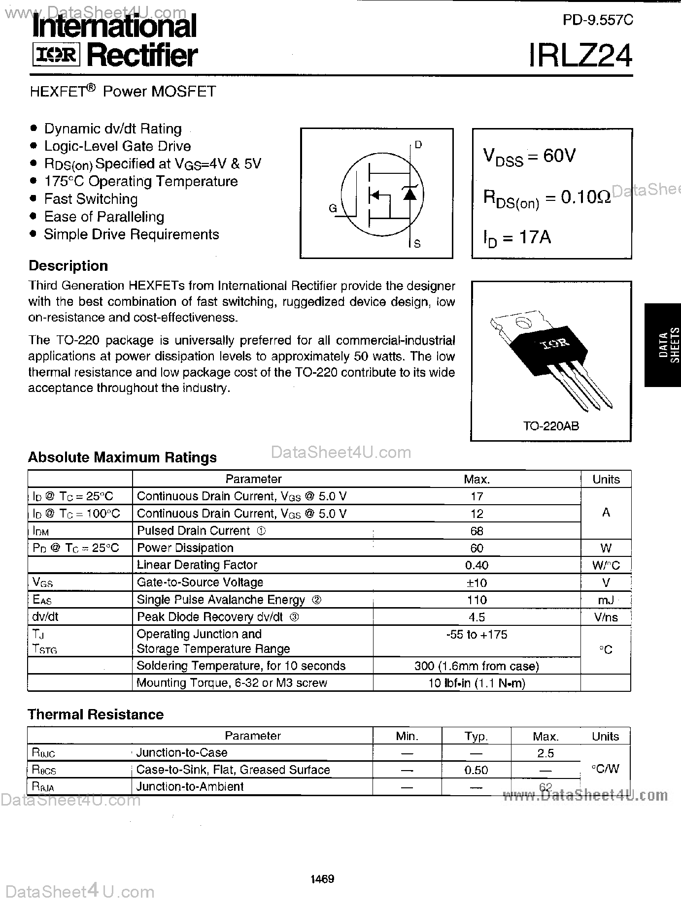 Datasheet IRLZ24 - HEXFET POWER MOSFET page 1