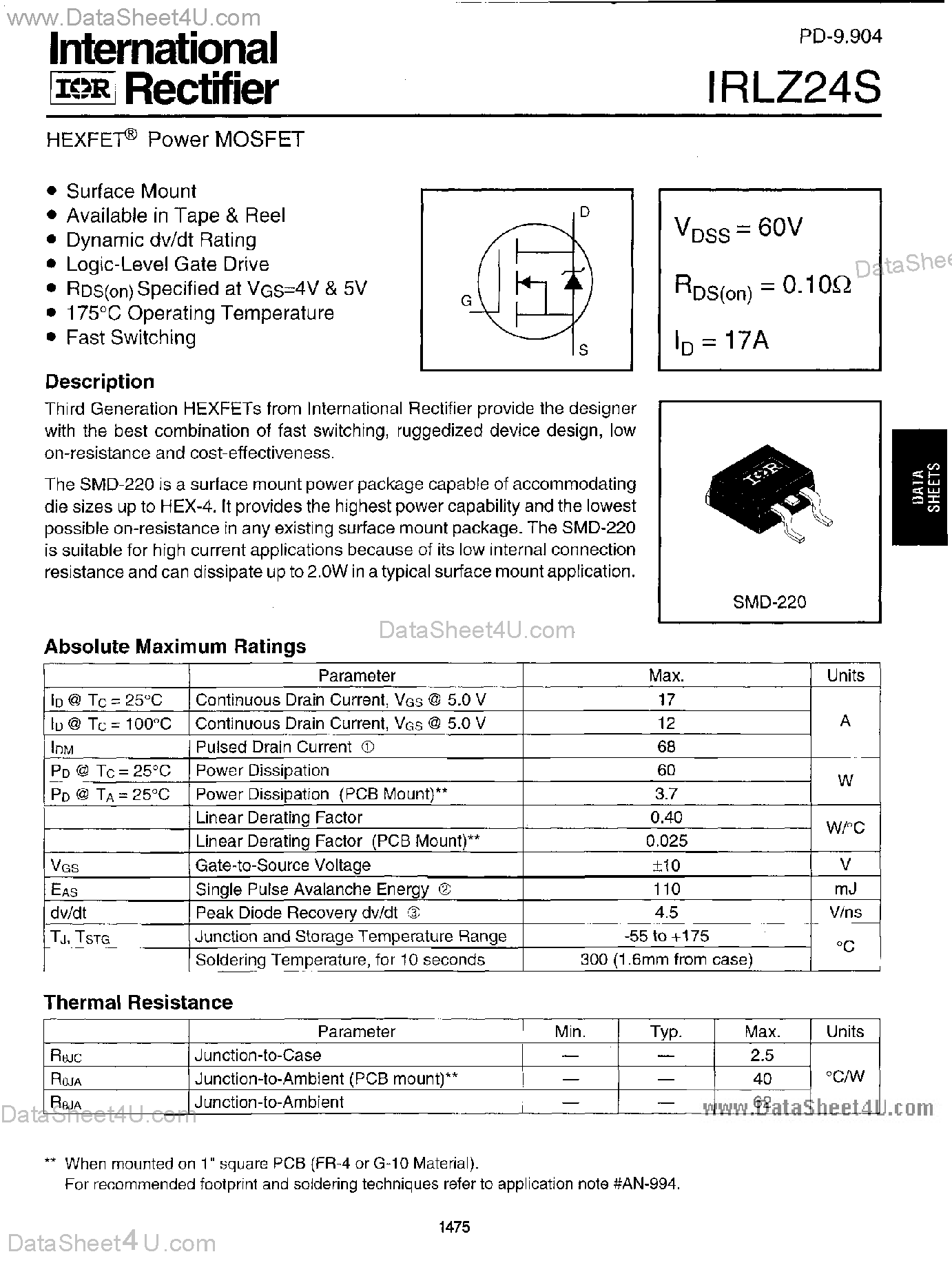 Datasheet IRLZ24S - HEXFET POWER MOSFET page 1