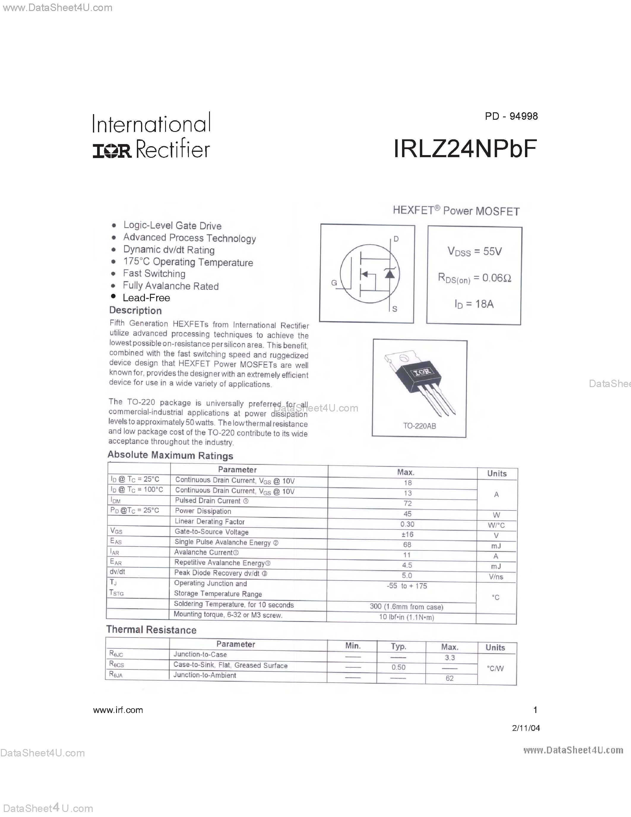 Datasheet IRLZ24NPBF - Power MOSFET page 1