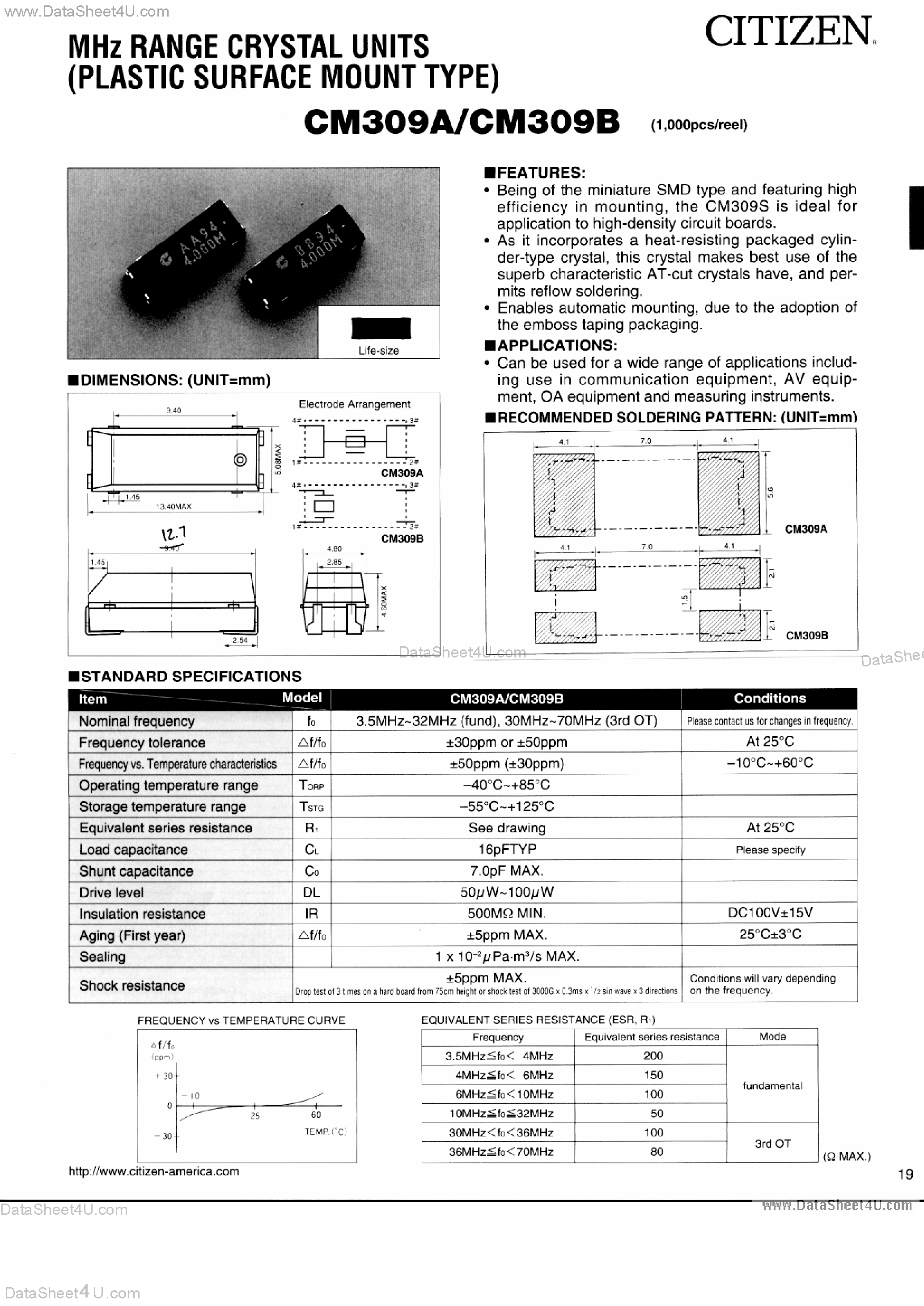 Datasheet CM309A - (CM309A/B) MHz Range Crystal Units page 1