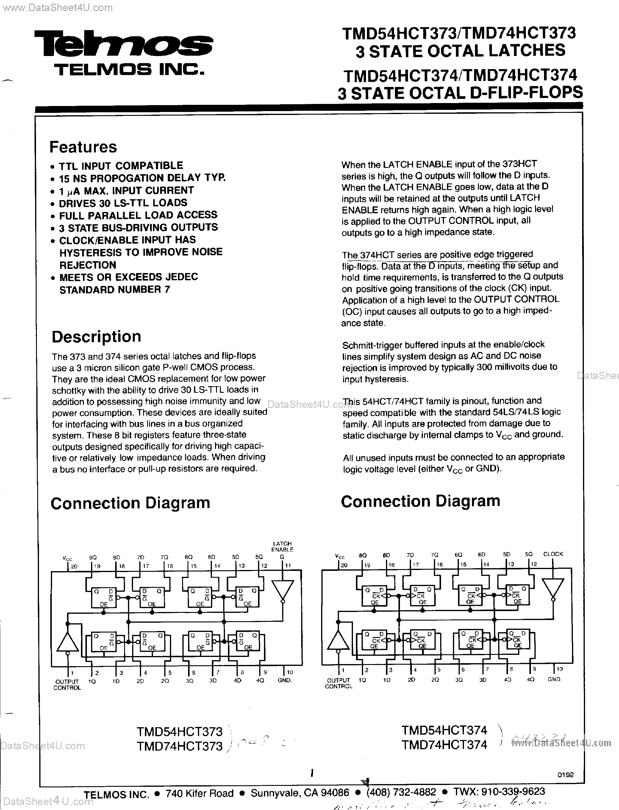 Даташит TMD54HCT373 - (TMDx4HCT37x) 3 State Octal D-Flip-Flops страница 1