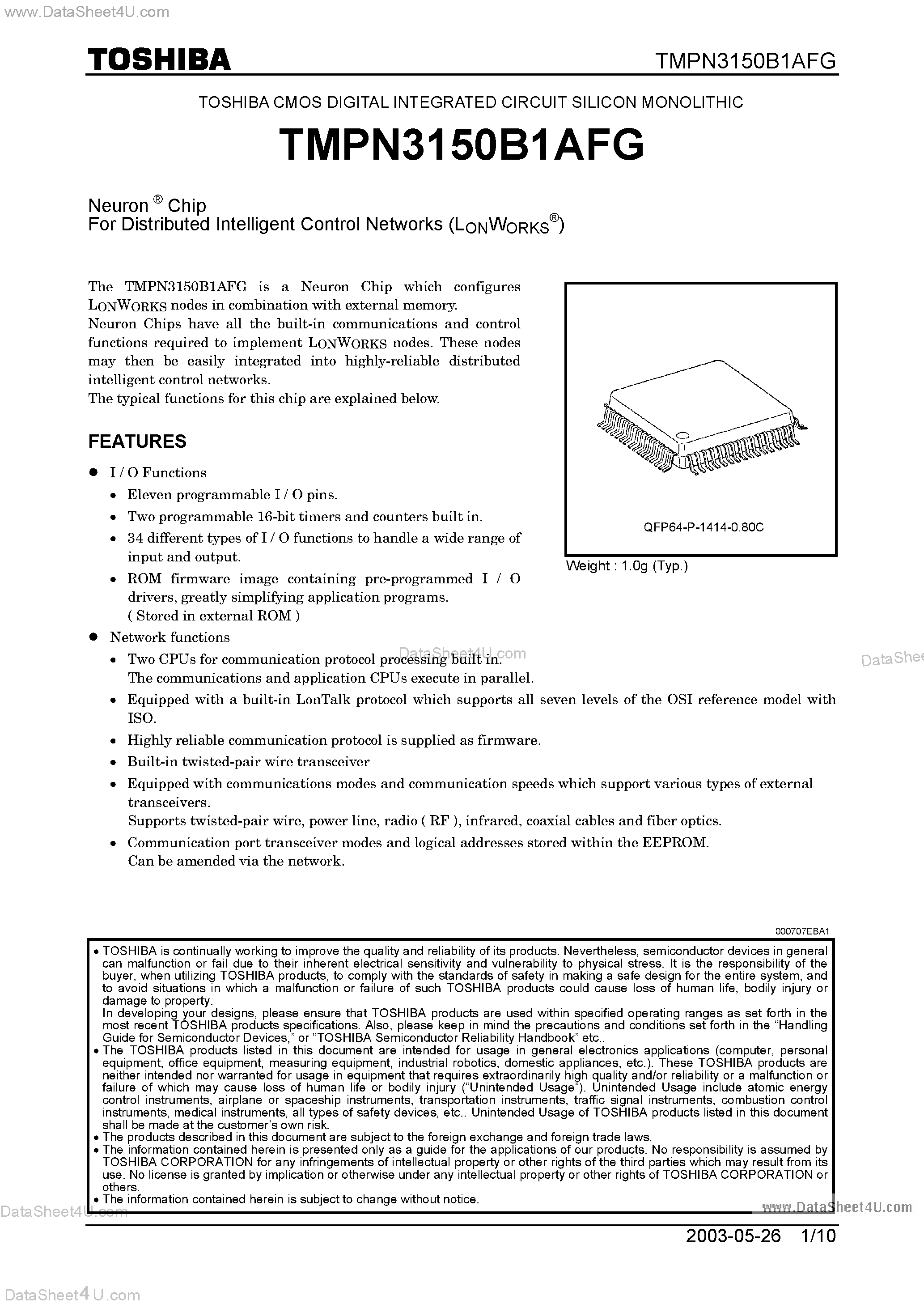 Даташит TMPN3150B1AFG - TOSHIBA CMOS DIGITAL INTEGRATED CIRCUIT SILICON MONOLITHIC страница 1