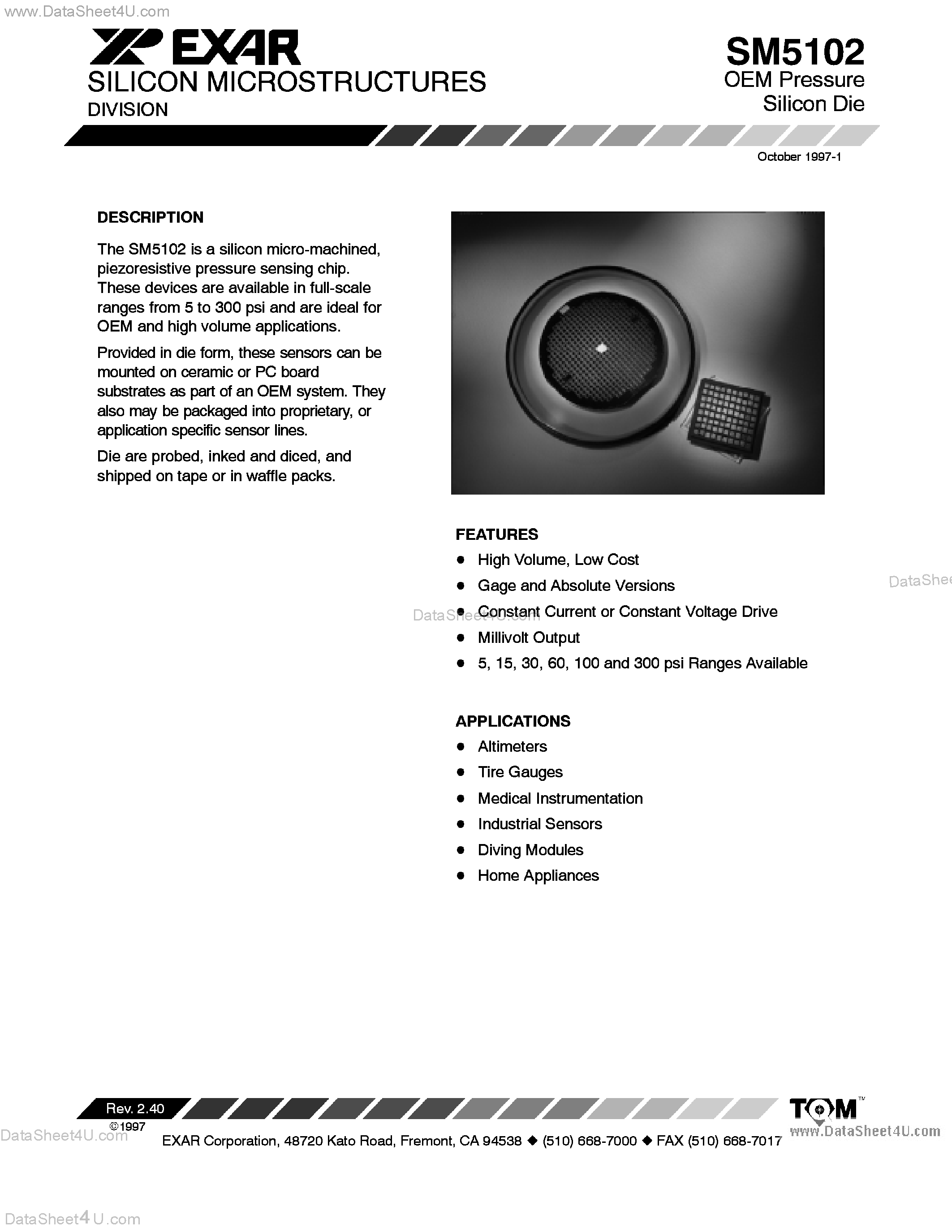 Datasheet SM5102 - Oem Pressure Silicon Die page 1