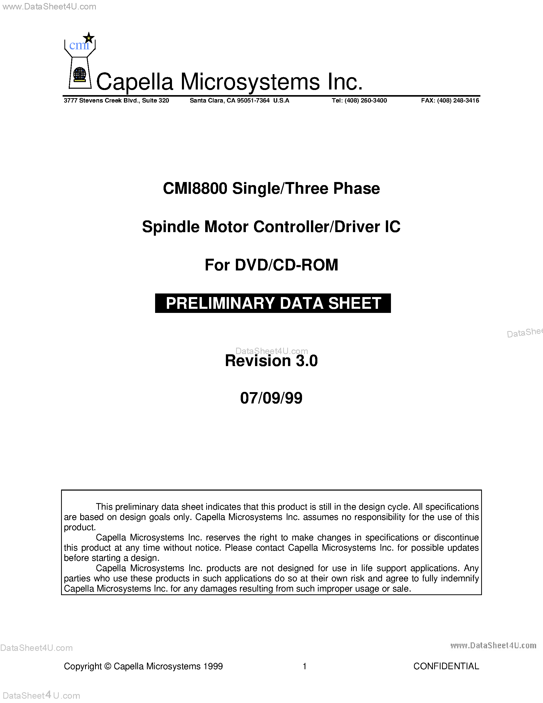 Даташит CMI8800 - Single/Three Phase Spindle Motor Controller/Driver IC For DVD/CD-ROM страница 1