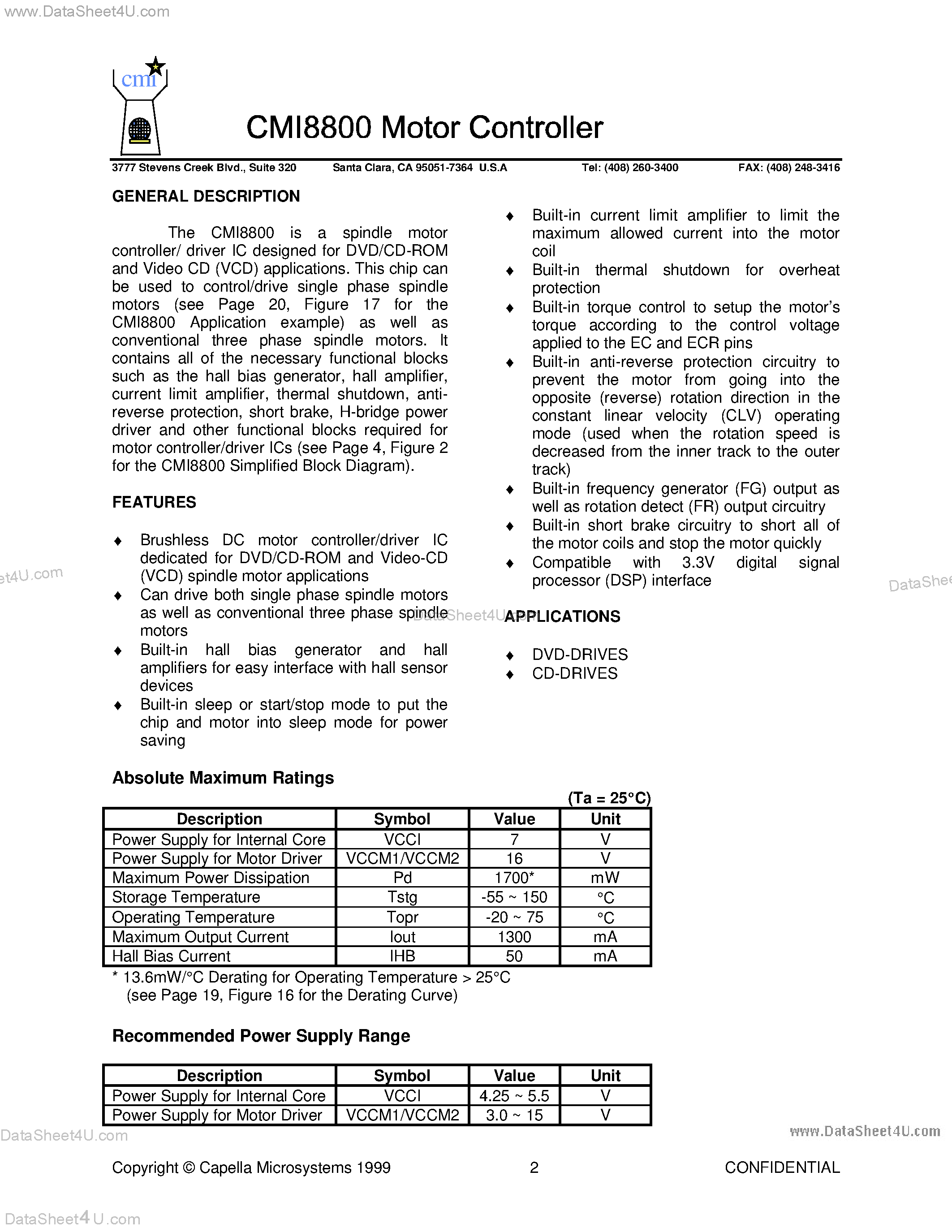 Даташит CMI8800 - Single/Three Phase Spindle Motor Controller/Driver IC For DVD/CD-ROM страница 2